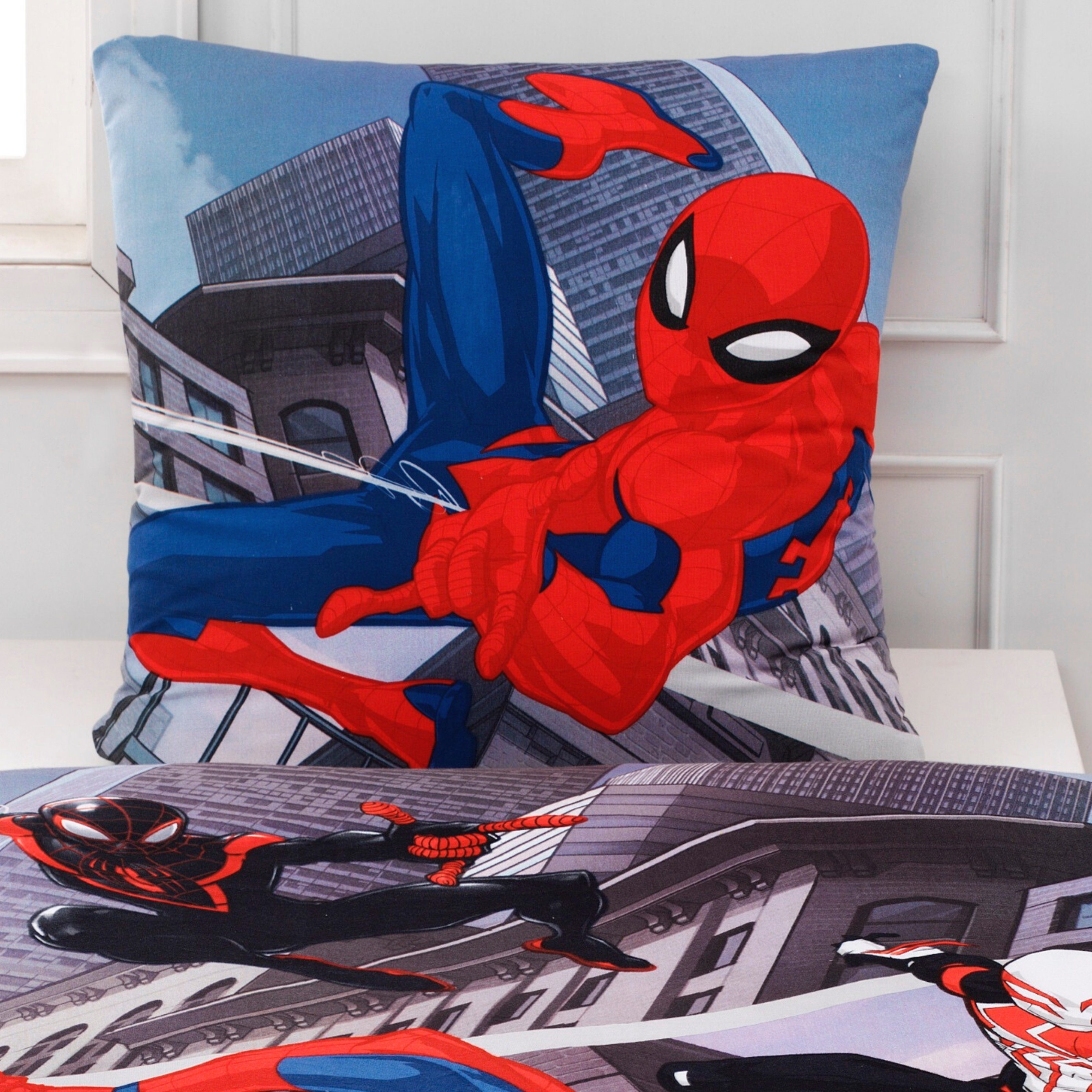 MTOnlinehandel Bettwäsche Spiderman Marvel 135x200 + 80x80 cm, 100 % Baumwolle, Renforcé, 2 teilig, Jungen Kinderbettwäsche mit Reißverschluss