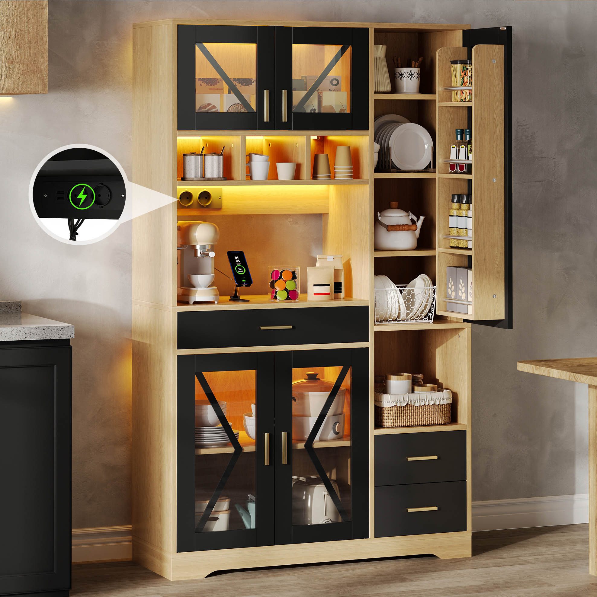 Flieks Küchenbuffet mit Steckdosen, LED-Beleuchtung und verstellbaren Einlegeböden (1-St., B105/T40/H185 cm) Hochschrank Küchenschrank mit Glastüren und Schubladen Holzoptik