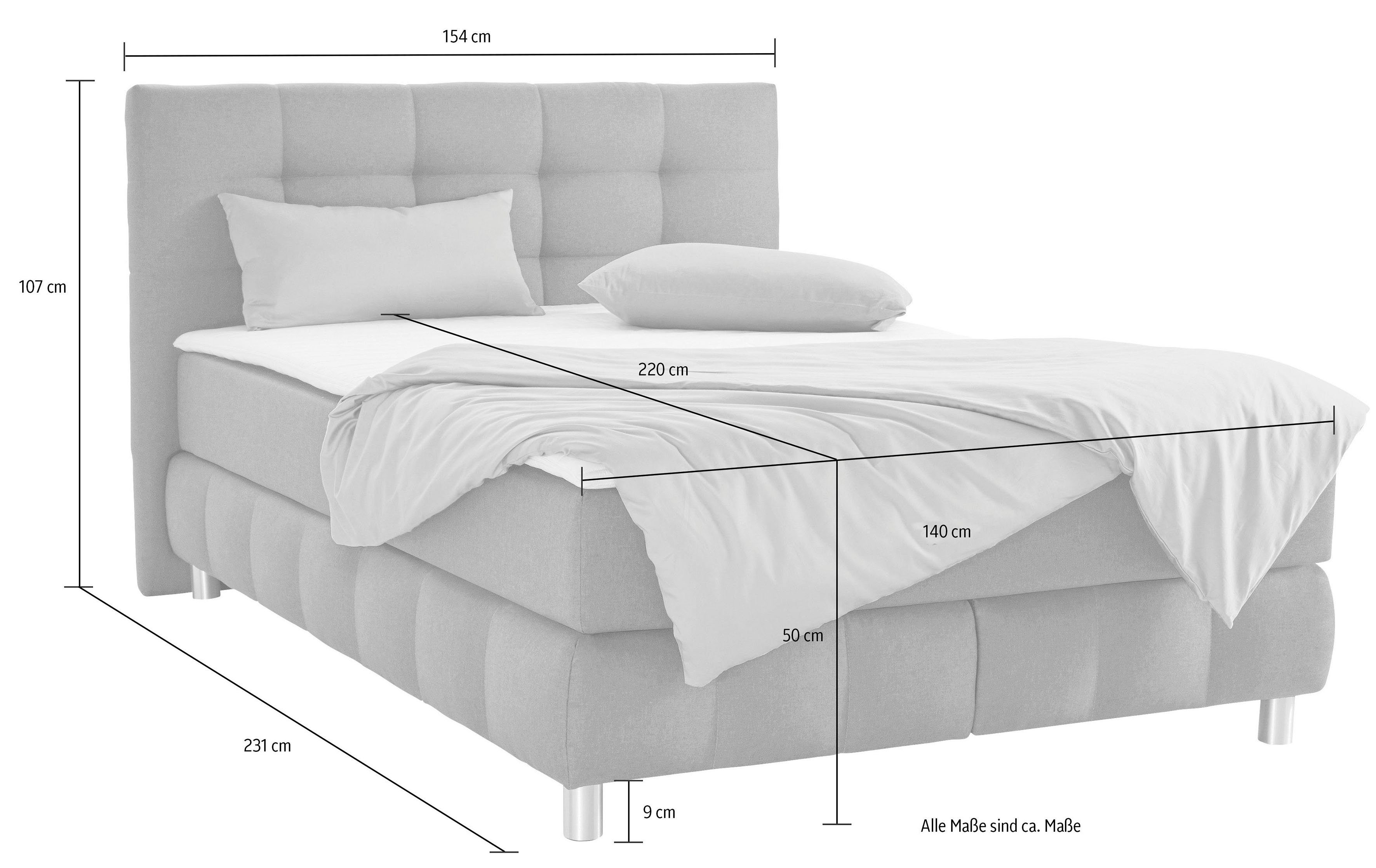 Salo 6 Boxspringbett Härtegrade andas Struktur, in 4 Samtoptik Überlänge 220cm, XXL, oder in Breiten