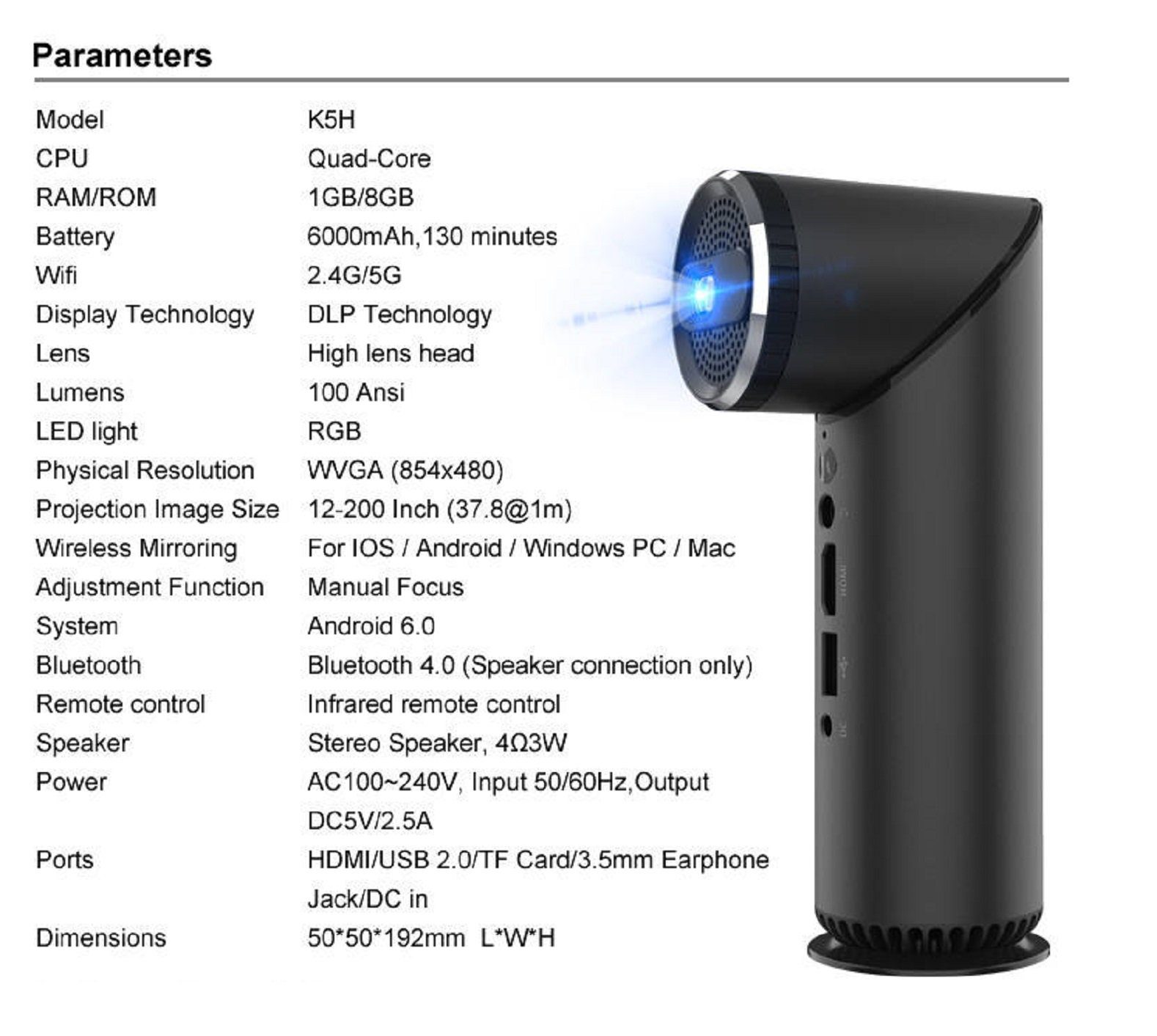 tragbarer KiXin LED-Beamer Projektor P HomeKino px, Bluetooth, WiFi) (1080 K5H