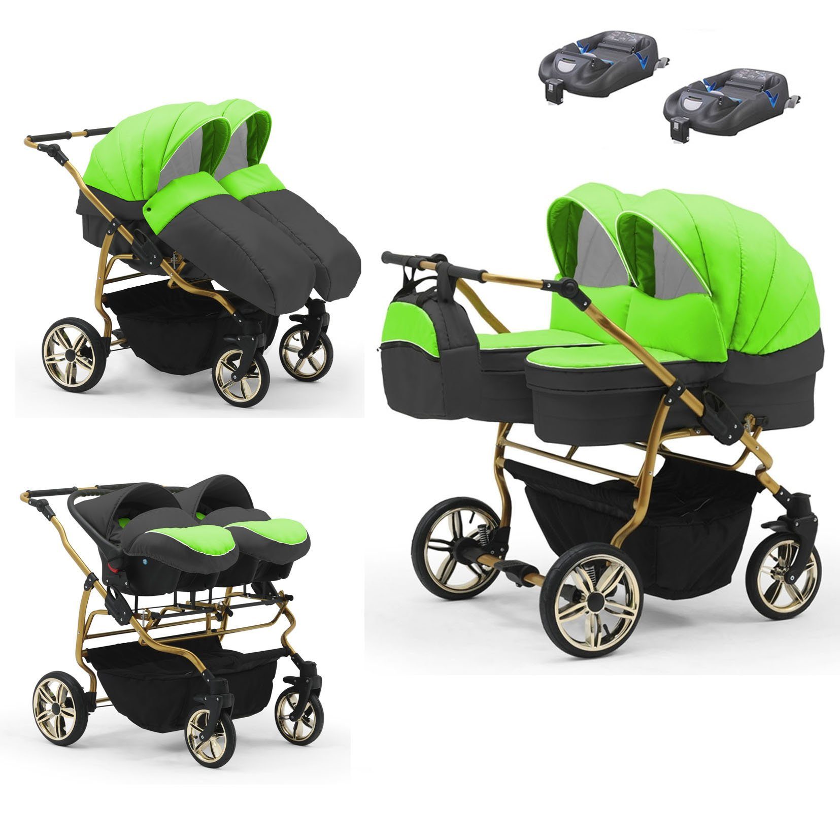 babies-on-wheels Zwillingswagen Zwillingswagen Duet Lux Gold 4 in 1 - 15 Teile - in 33 Farben Grün-Grau-Grün-Grau | Geschwisterwagen