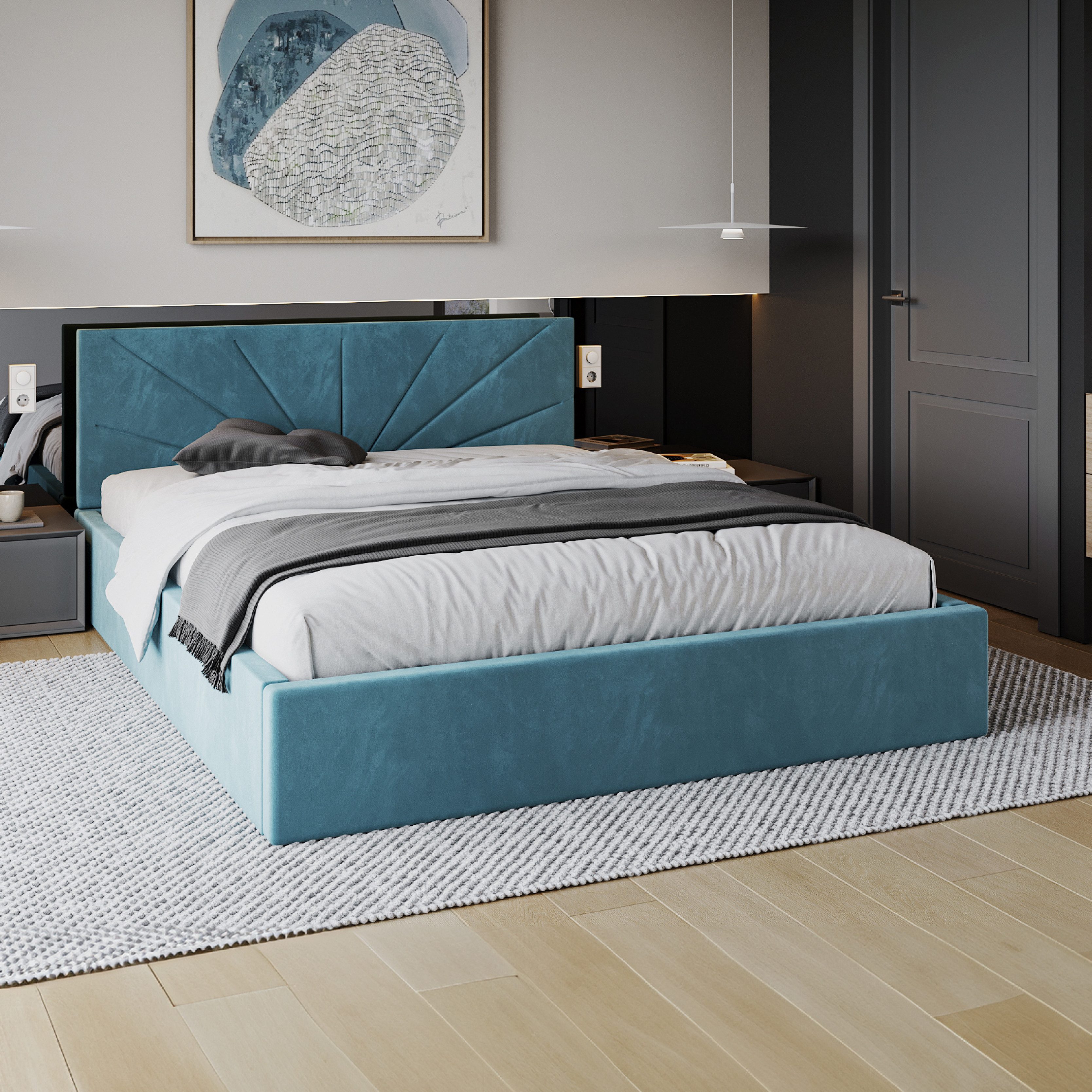 FDM Polsterbett SUNSET Bettgestell MADE IN EU - mit hochwertigem Velours Bezug (verfügbar 90x200 120x200 140x200 160x200 180x200cm, Bettrahmen, Bett, mit großen gepolsterten Kopfteil, mit Bettkasten zum aufklappen), Hebbarer Metallrahmen, Bettkasten, ohne Matratze