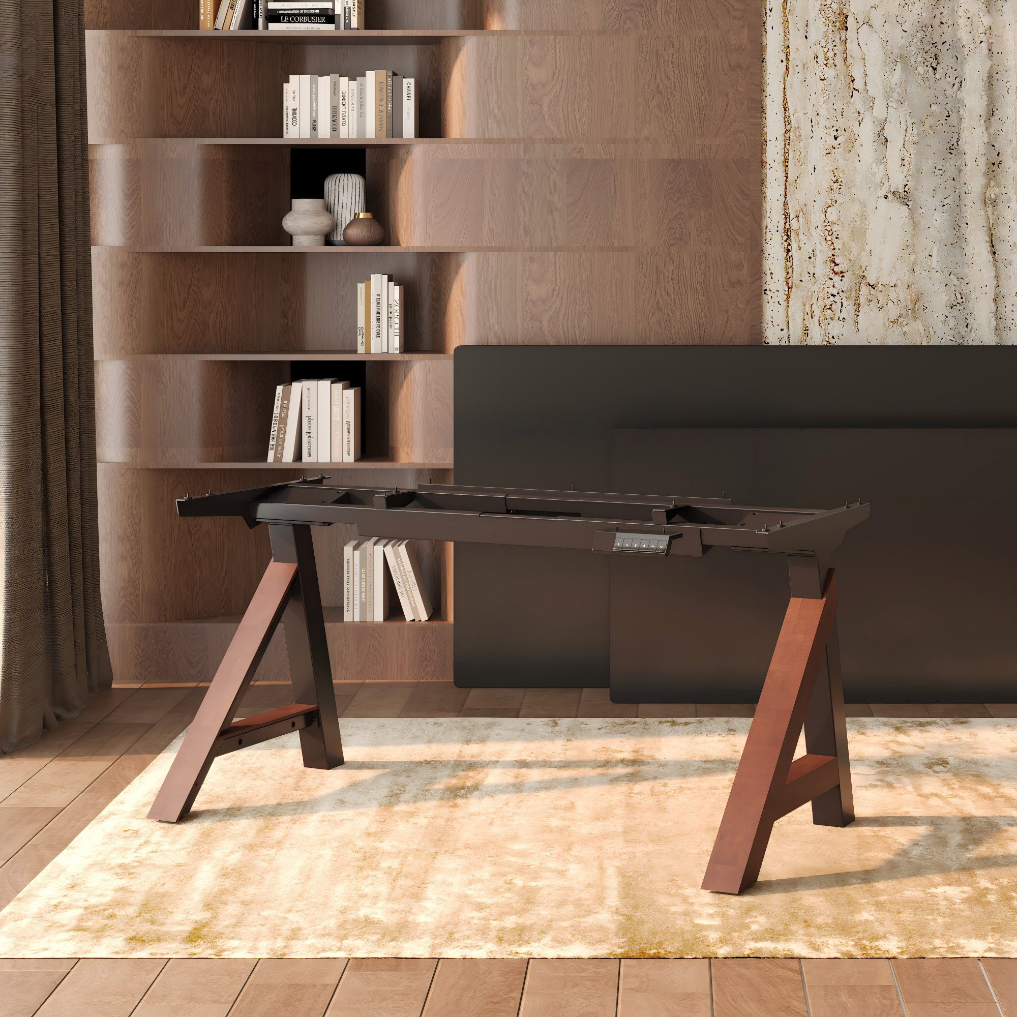 FLEXISPOT Schreibtisch Premium höhenverstellbares Schrägbein-Gestell (nur Rahmen) (69–109 cm, 100 kg Belastbarkeit, Kabelmanagement & Kollisionsschutz), mit Massivholz-Optik, FlexiSpot WoodiX