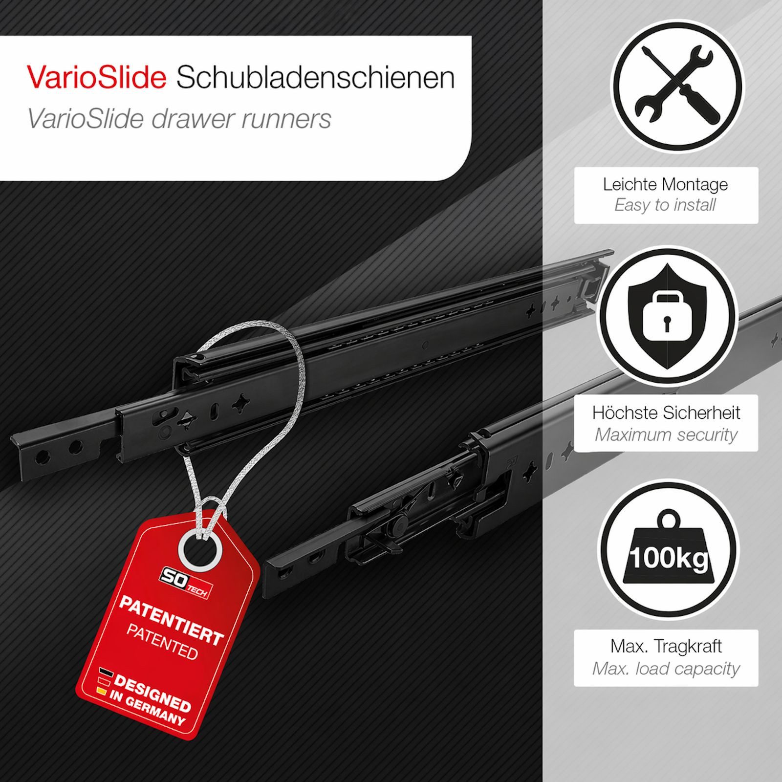 SO-TECH® Teleskop-Vollauszug Schwerlastauszug VarioSlide KV2-100-H53-EH mit Lock-in/out, 110 cm, 100 kg, schwarz, für Servicefahrzeuge / Maschinenbau