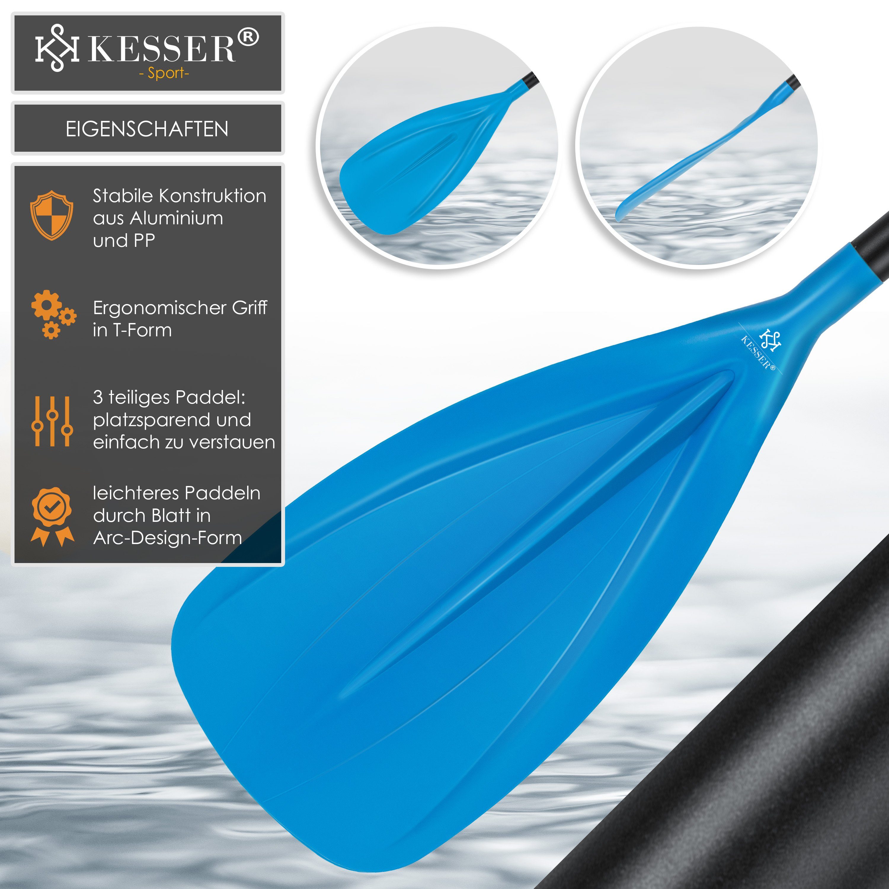 Paddle 3-teilig Stand-Up SUP-Paddel, SUP Board Kayak Paddling blau KESSER für