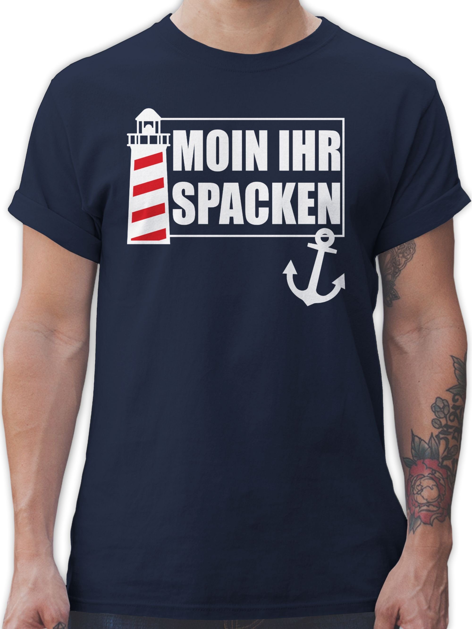 Shirtracer T-Shirt Moin ihr Spacken mit Leuchtturm - weiß Sprüche Statement 01 Navy Blau