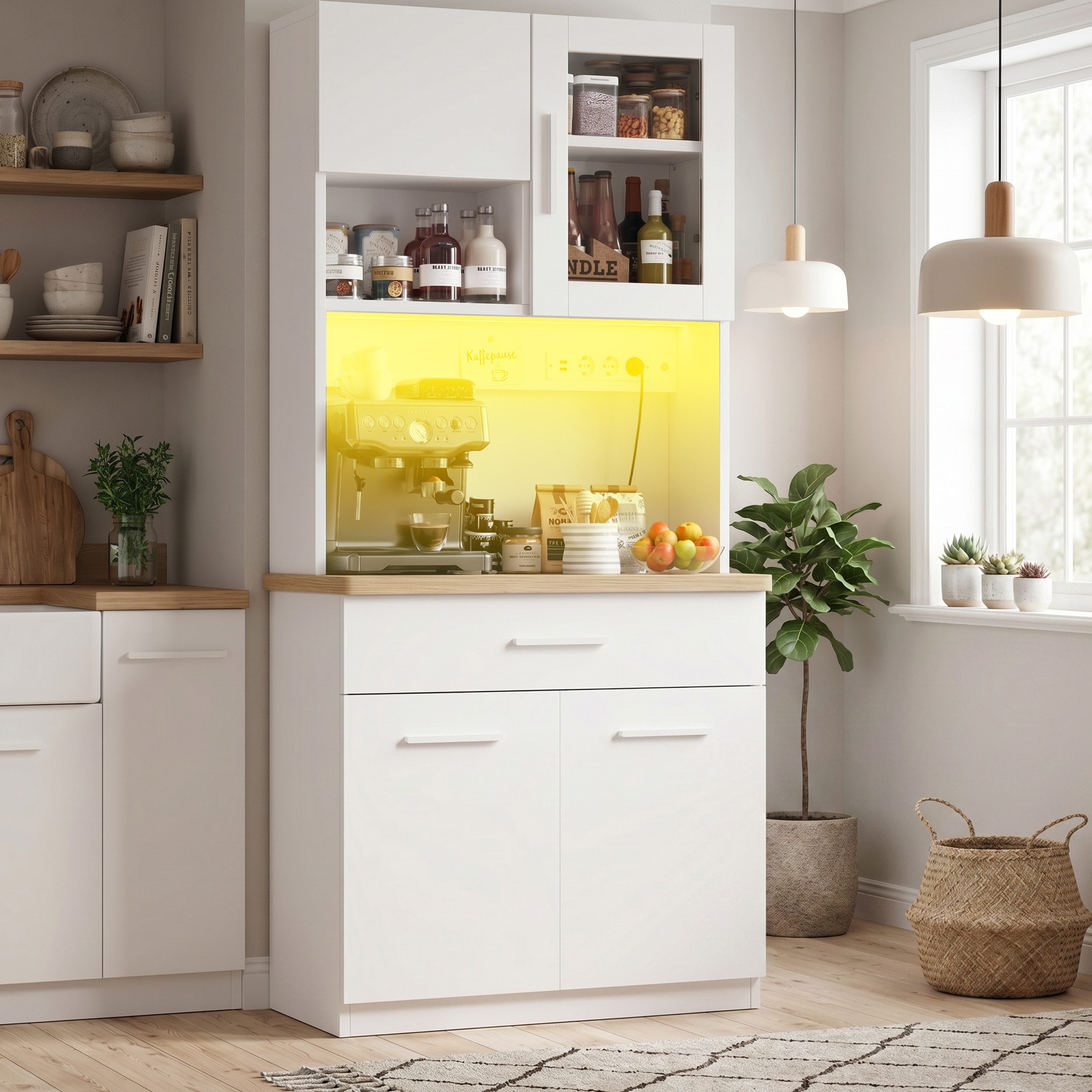 Furnicopia Küchenbuffet Multifunktionale Geschirrschranke (80x40x182 cm, Flurschrank Mit großer Schublade, LED-Beleuchtung, Steckdose)