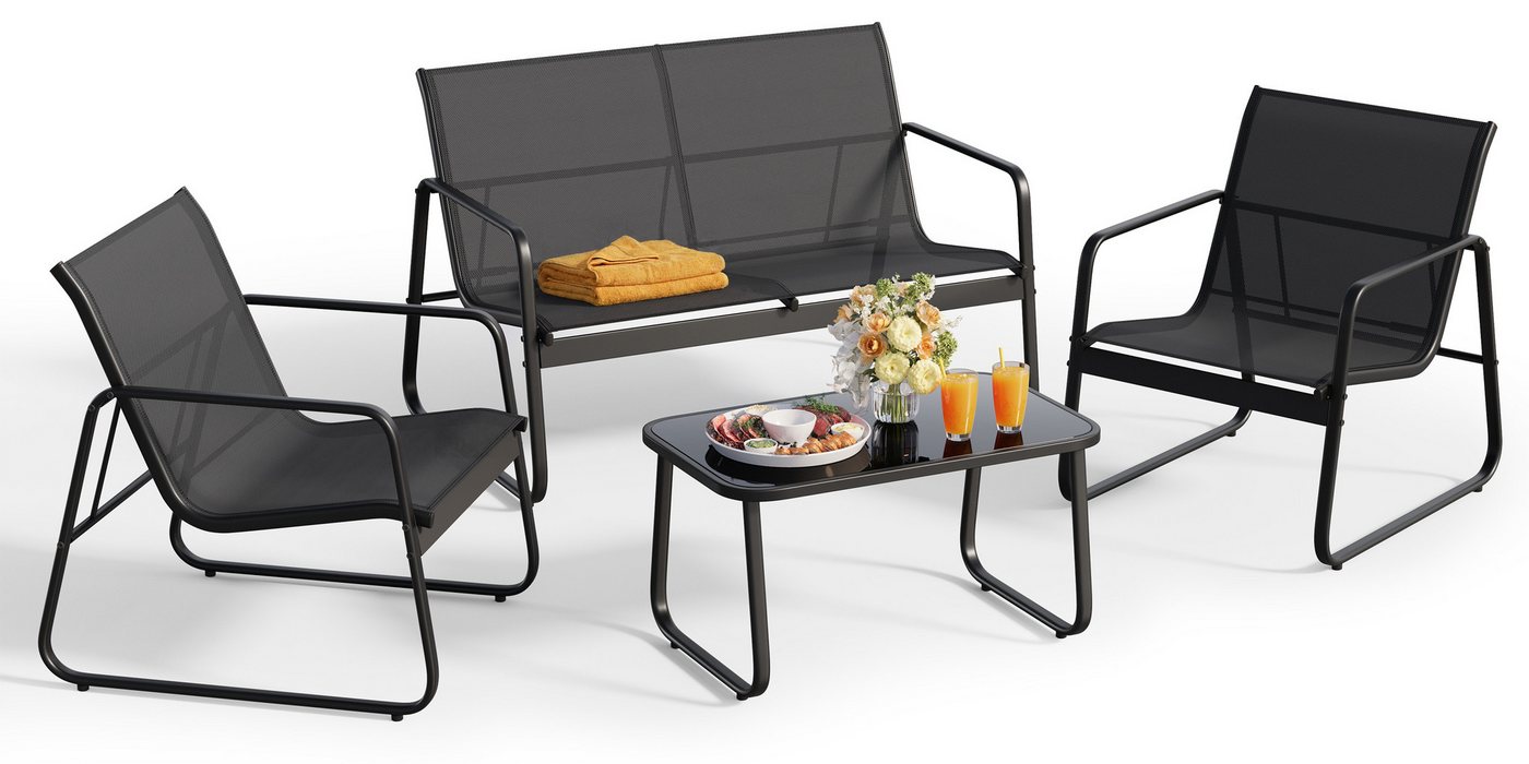 Blishom Gartenlounge-Set 4-tlg. Garten-Sitzgruppe, Balkonmöbel Sitzgruppe, 2 Einzelsessel, 2-Sitzer Gartenbank, Glas-Beistelltisch, wetterfest