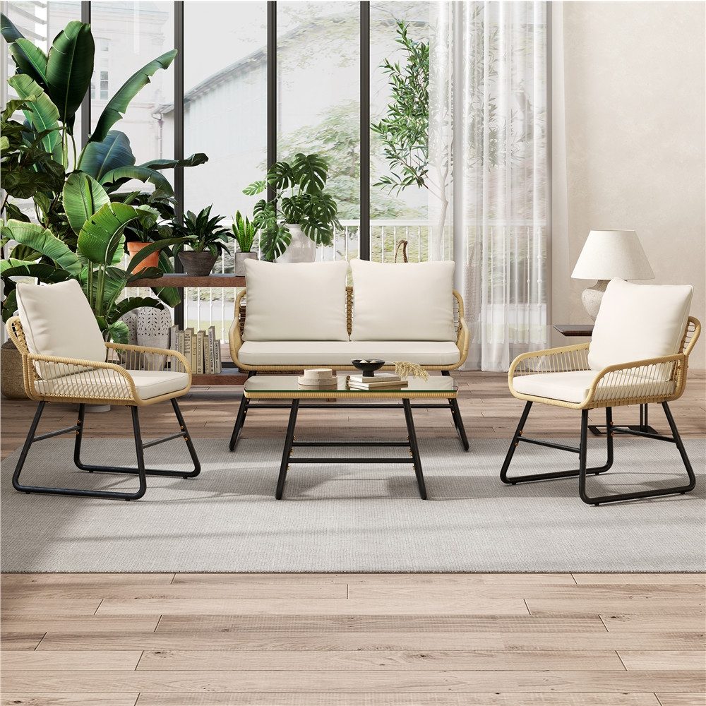 Yaheetech Gartenlounge-Set 4 tlg., 2 Sessel, 1 Zweisitzer-Sofa & 1 Glastisch Wetterfest für Außenbereiche