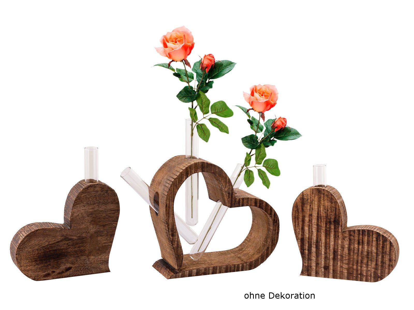 Minara Tischvase Tischdeko Herzen 3-teilig Blumenvase Hochzeitsdeko Mangoholz massiv