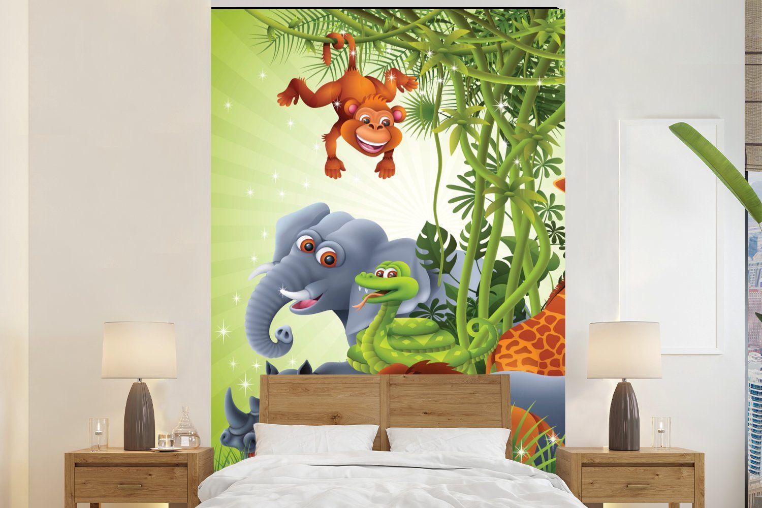 MuchoWow Fototapete Dschungeltiere - Pflanzen - Kinder - Elefant - Giraffe - Löwe, Matt, bedruckt, (3 St), Montagefertig Vinyl Tapete für Wohnzimmer, Wandtapete