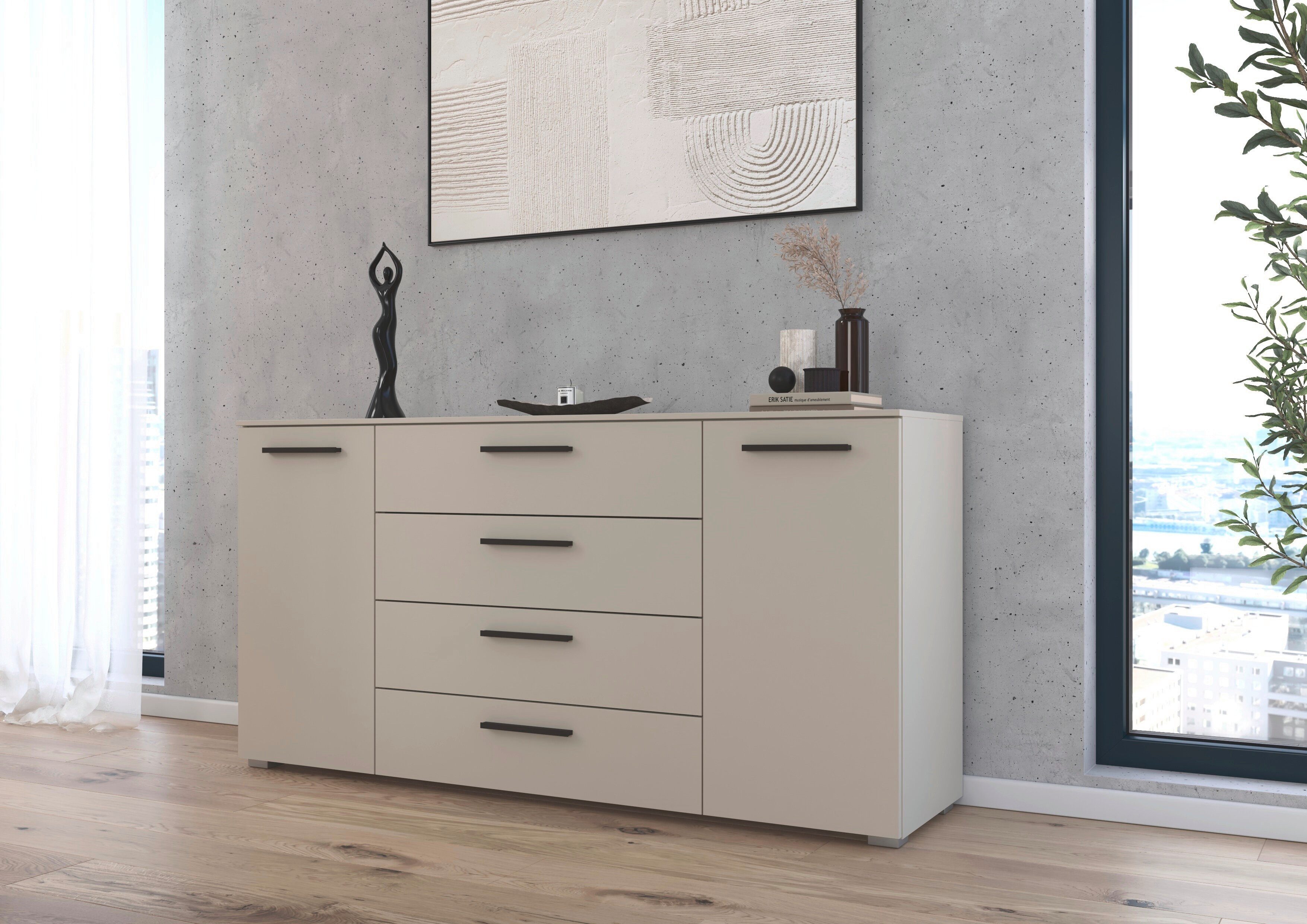 rauch Kombikommode Sideboard Schubkommode Kommode MONTCLAR Front Dekor/Hochglanz/Glas (Breite 160 / Höhe 81 cm, 2 Einlegeböden, inkl. Soft-Close-Funktion), 2-türig, 4 geräumige Schubladen, viele Griffvarianten MADE IN GERMANY