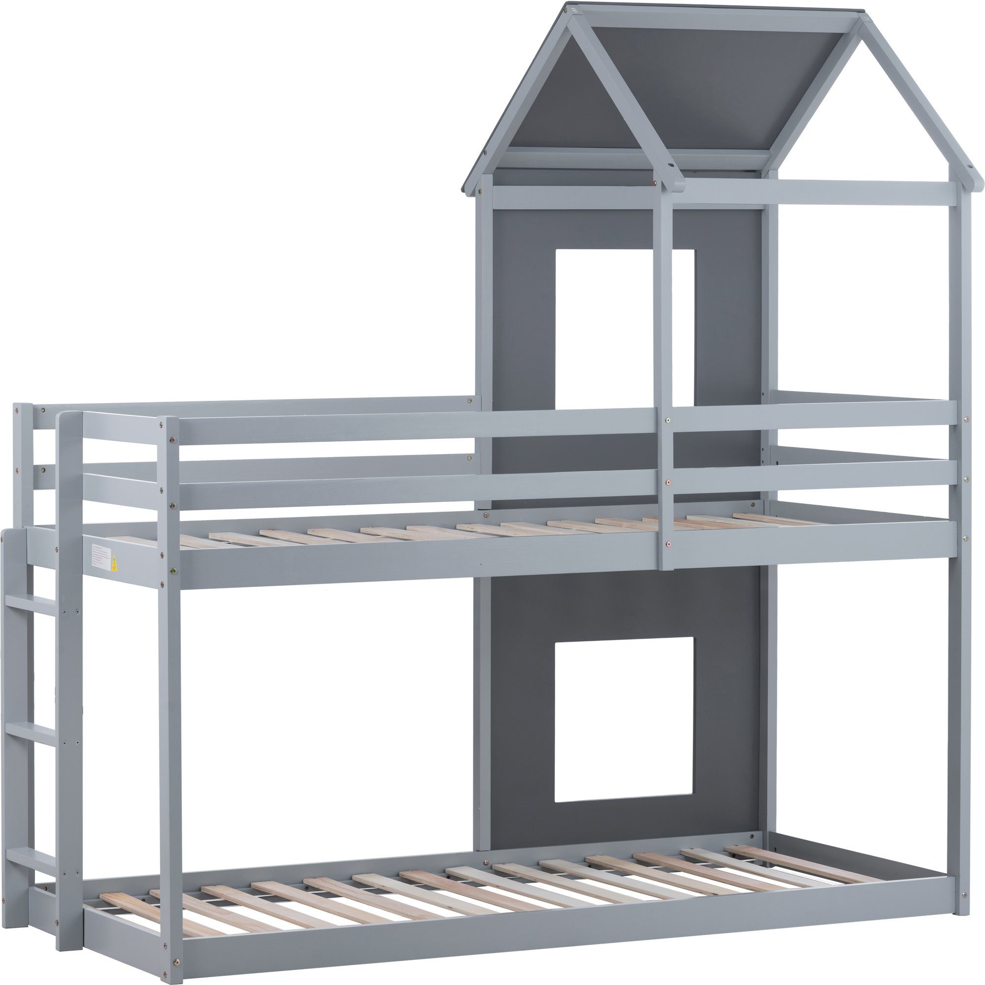 Etagenbett, Hochbett mit 2 Schlafgelegenheiten, Hausbett Kinderbett mit Treppe und Lattenrost, 200x90cm, Kiefer