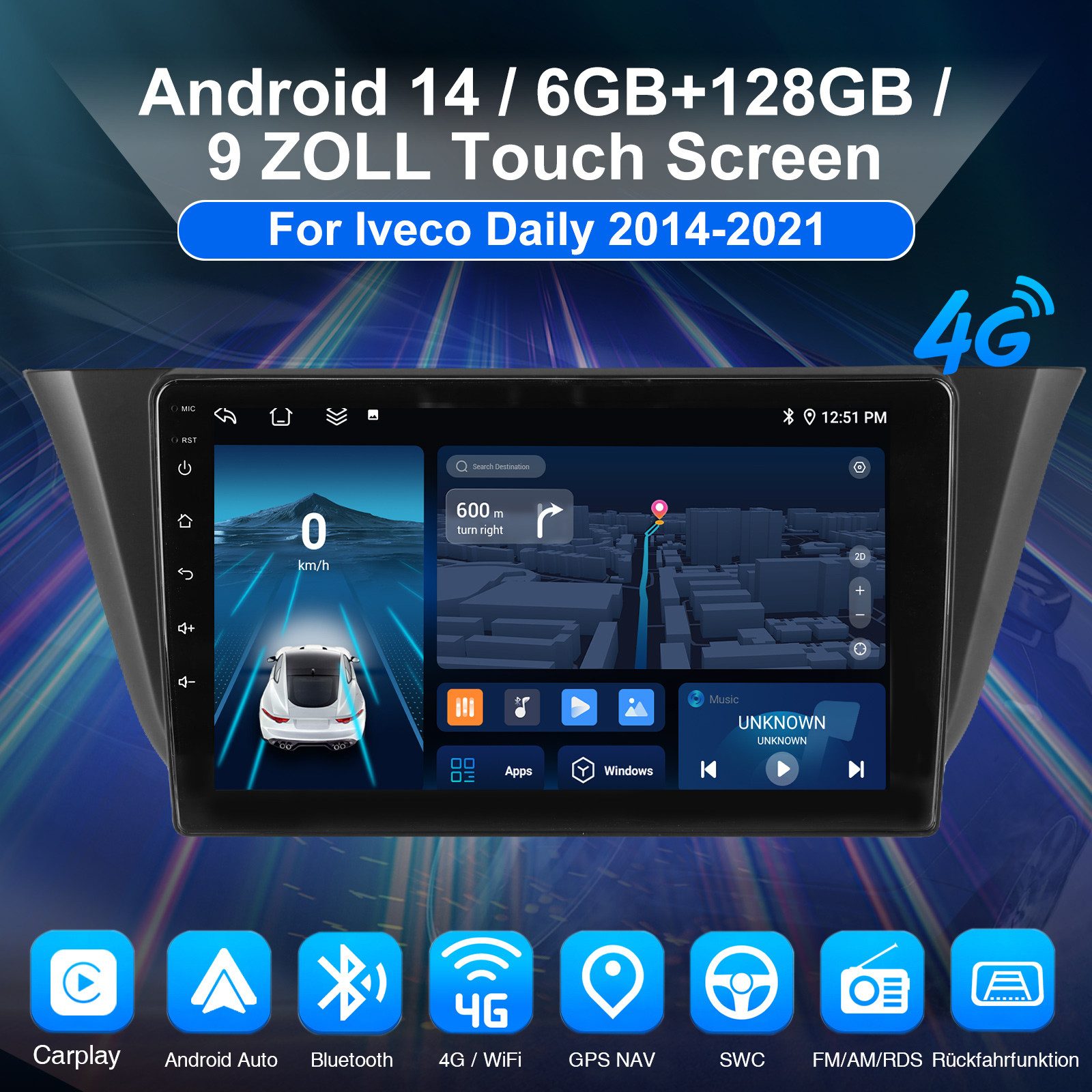 ESSGOO Autoradio 6+128G CarPlay Für Iveco Daily 2014-2021 Android 15 GPS Navi Autoradio (RDS, 4G LTE, DAB (optional), FM, AM, DAB+ (optional), SWC, Apple Carplay Android Auto GPS Navi WIFI BT EQ)