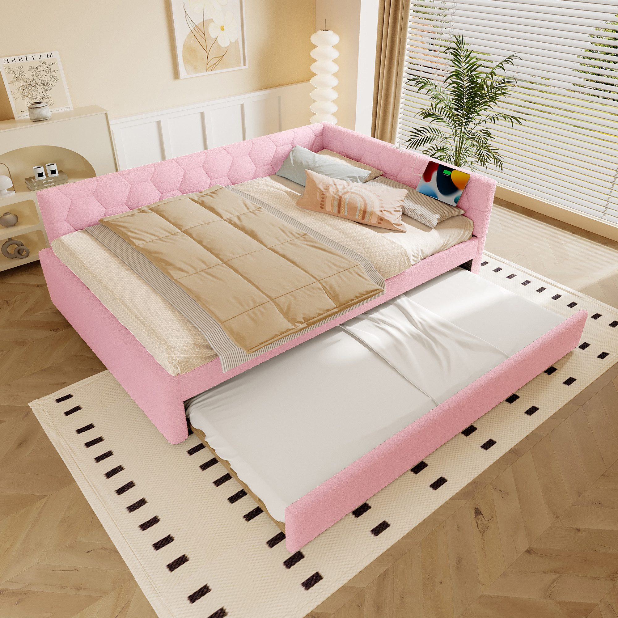 Flieks Daybett, Polsterbett Kinderbett 140x200cm mit Ausziehbett 90x190cm, USB & Typ-C