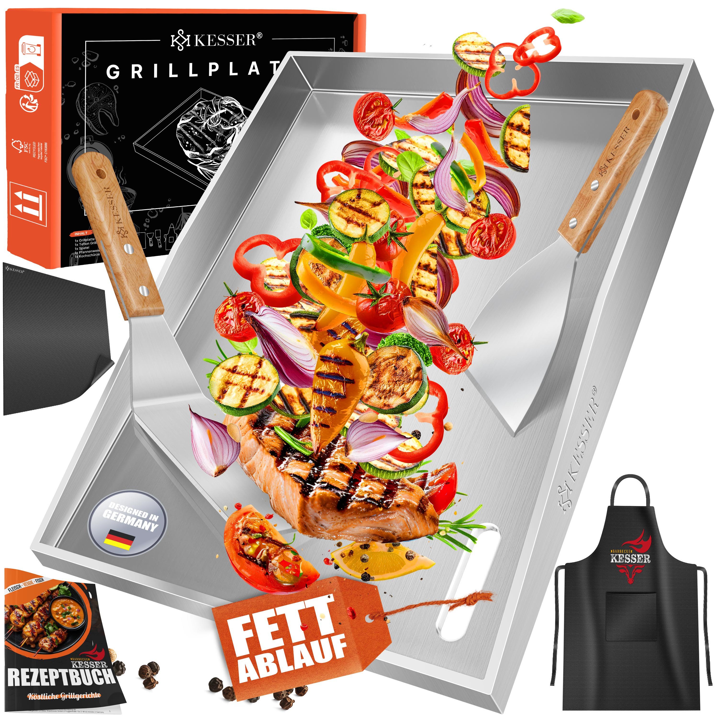 KESSER Grillplatte Plancha aus Edelstahl hitzebeständig bis 800°C (inklusive 2 Spatel, Grillschürze, Grillmatte & Rezeptbuch), Grill Platte für Gas- & Holzkohlegrill mit Fettablauf & Anti-Stick