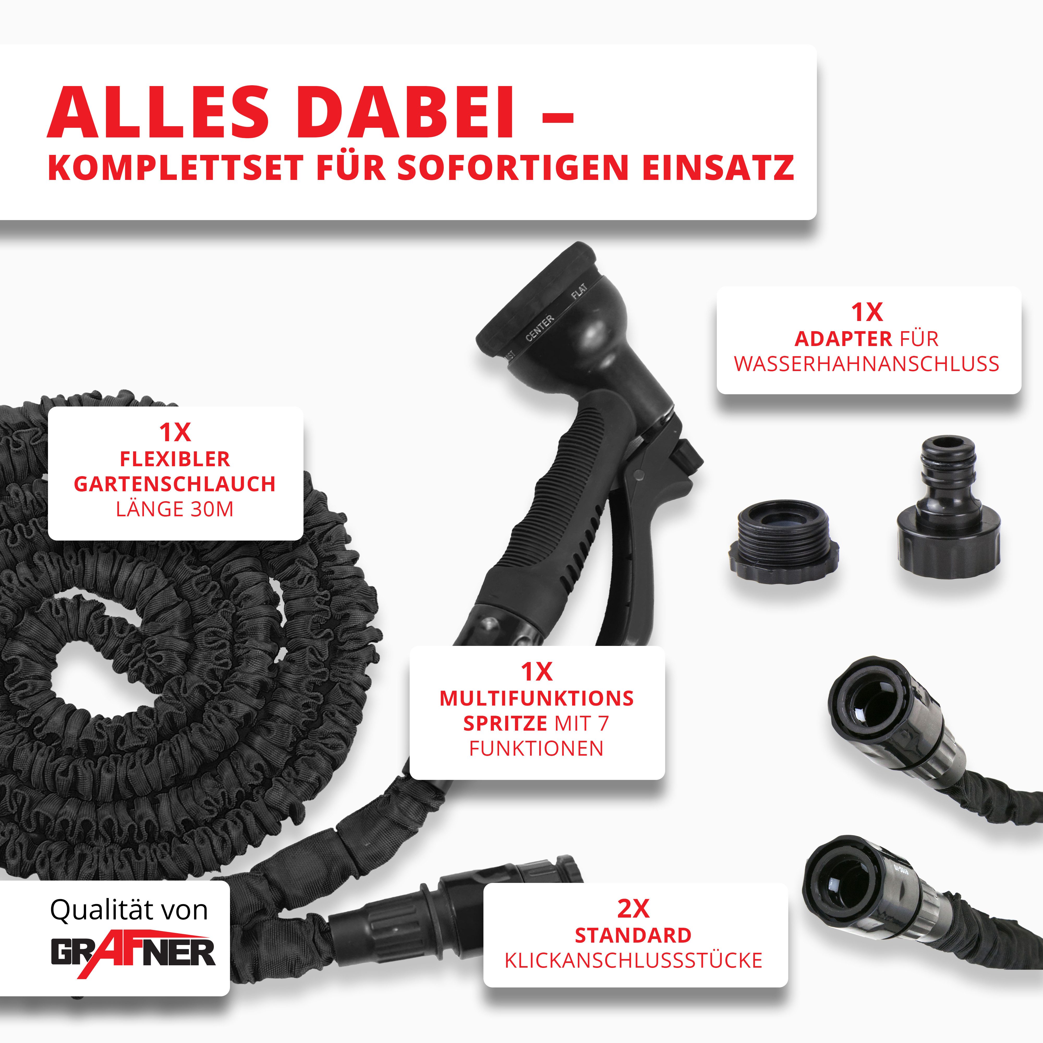Grafner Gartenschlauch Gartenschlauch flexibel dehnbar 30 m schwarz inkl Multifunktionsbrause, 600D Polyester