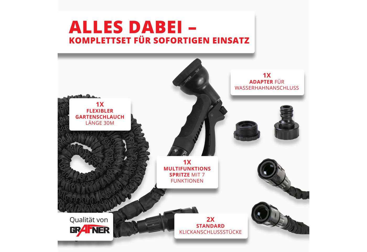 Thumbnail - Grafner Gartenschlauch Gartenschlauch flexibel dehnbar 30 m schwarz inkl Multifunktionsbrause, 600D Polyester