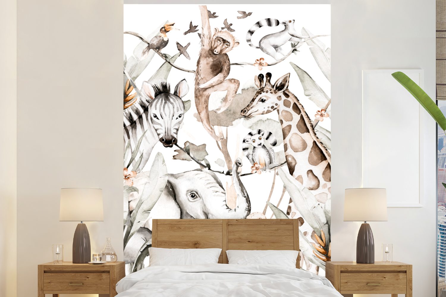 MuchoWow Fototapete Tiere - Dschungel - Aquarell - Affe - Jungen - Mädchen - Kind, Matt, bedruckt, (3 St), Montagefertig Vinyl Tapete für Wohnzimmer, Wandtapete