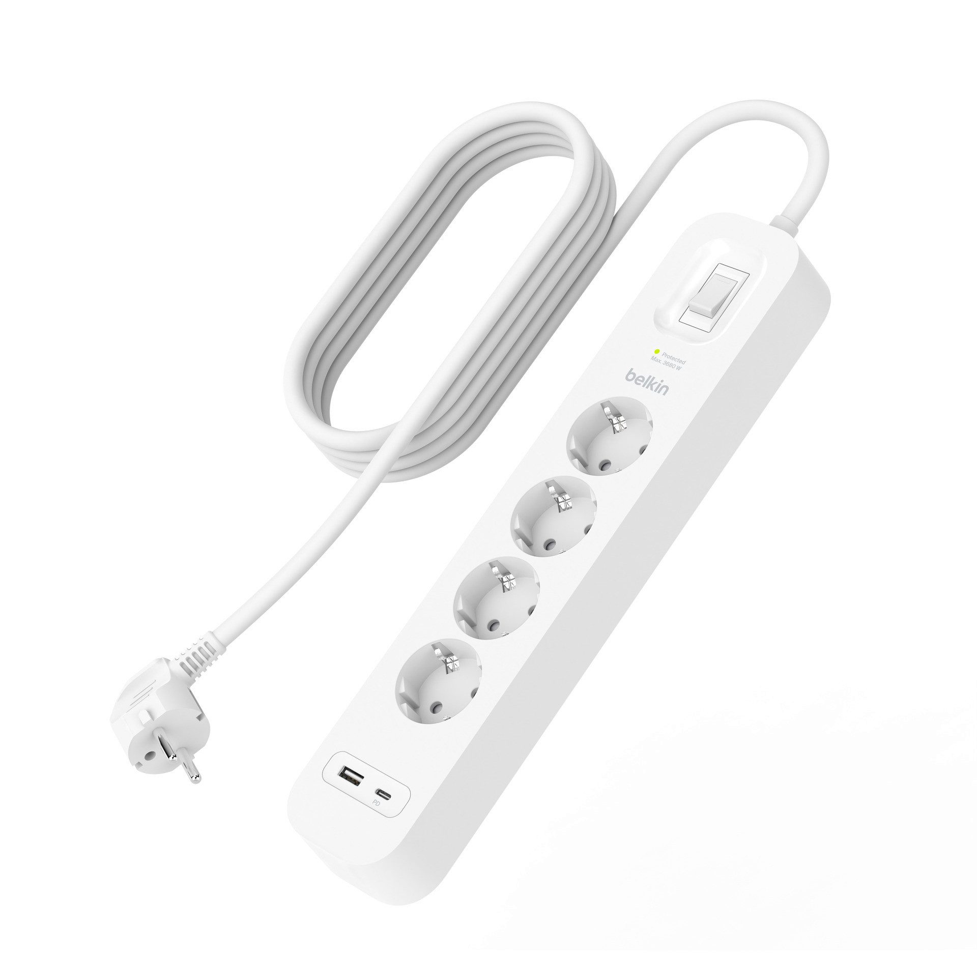 Belkin 4-Fach Steckdosenleiste mit USB-A + USB-C Port, 525J, 18 W, 2 Meter Steckdosenleiste 6-fach (Ein- / Ausschalter, Überspannungsschutz, Kabellänge 2 m)