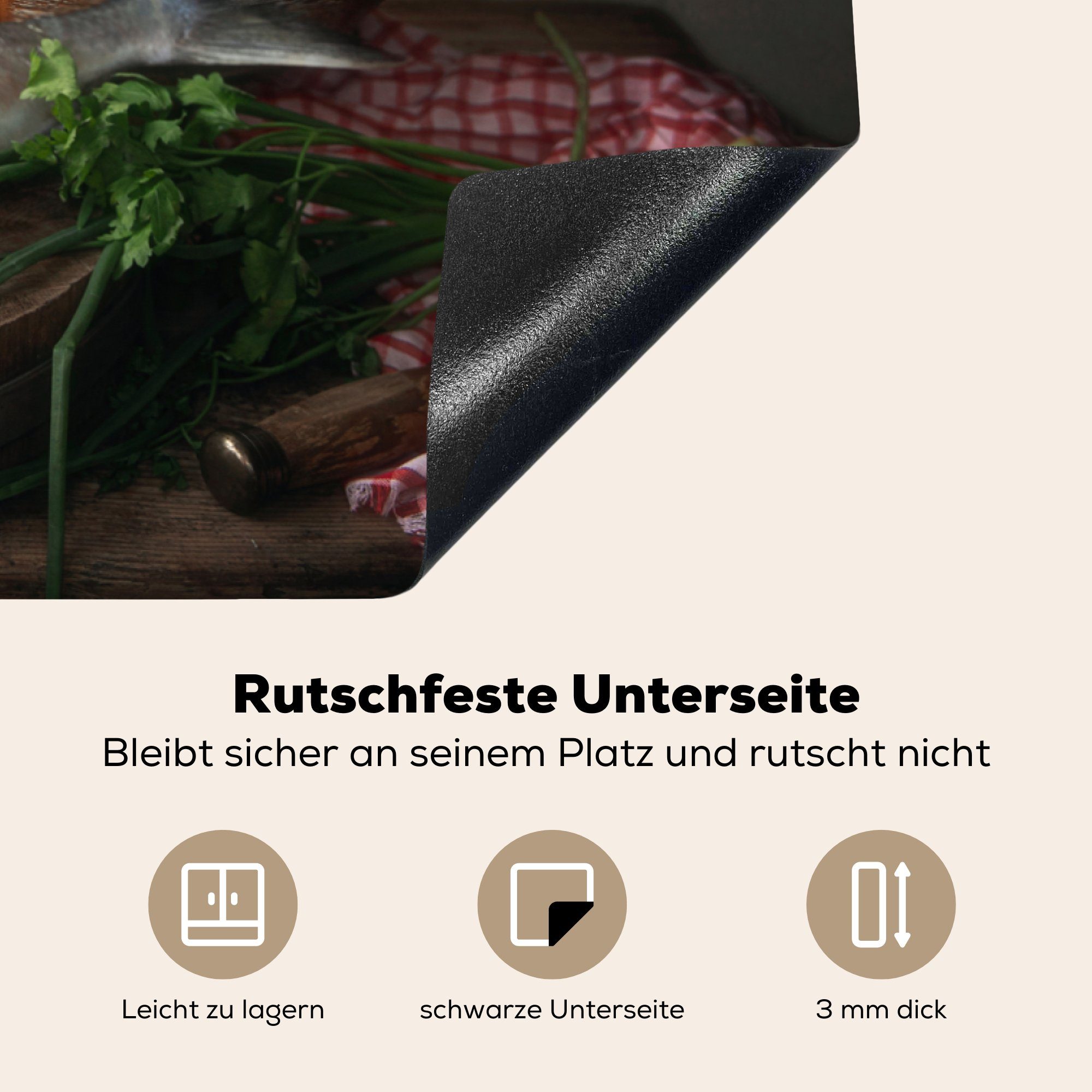 MuchoWow Herdblende-/Abdeckplatte Rustikal - Ceranfeldabdeckung küche, - 81x52 Schutz cm, Vinyl, die Induktionskochfeld Kräuter, für (1 Stilleben Gemüse - tlg), - Fisch