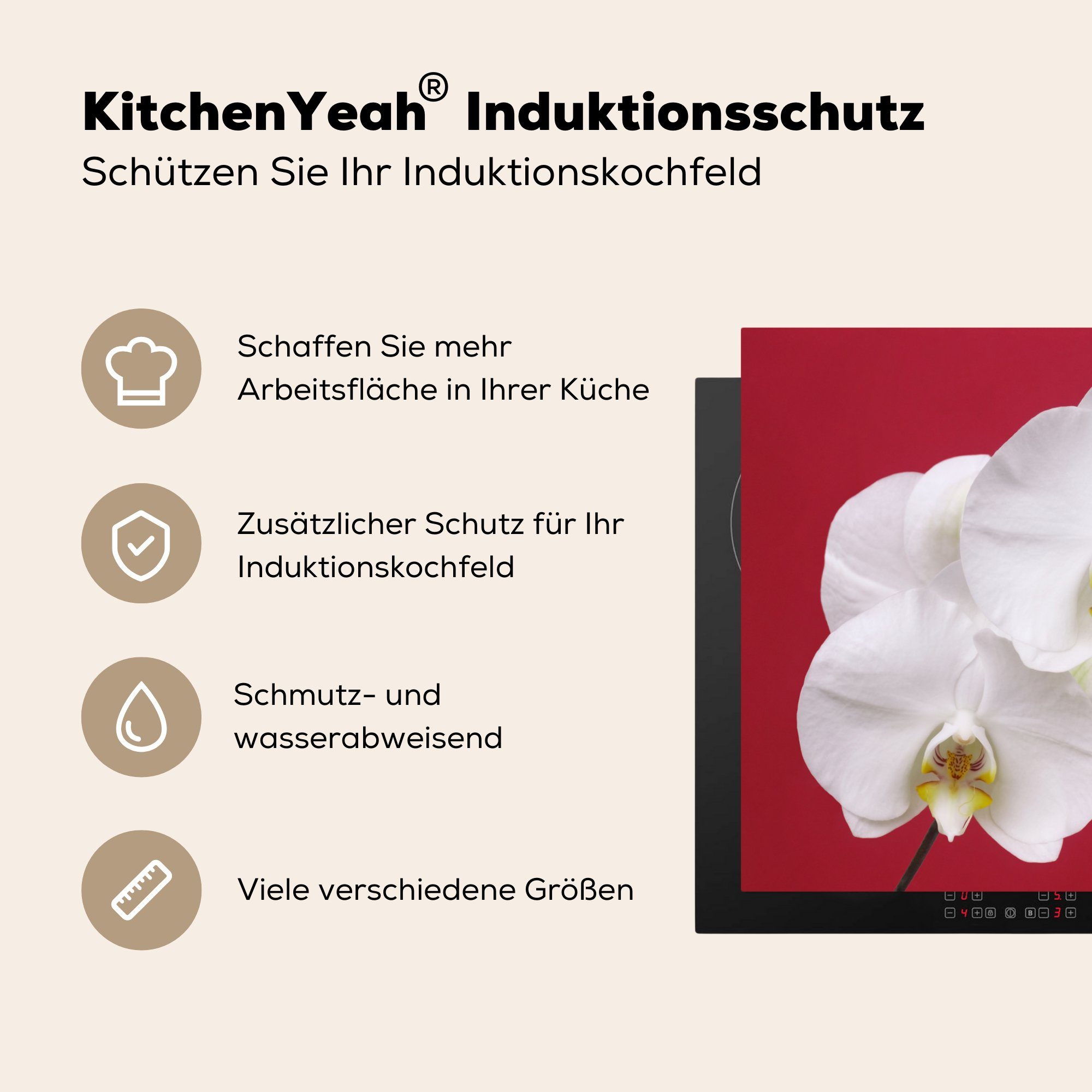 Ceranfeldabdeckung, küche 77x59 Herdblende-/Abdeckplatte Orchidee Vinyl, für Rot, (1 cm, tlg), MuchoWow auf Arbeitsplatte Weiße