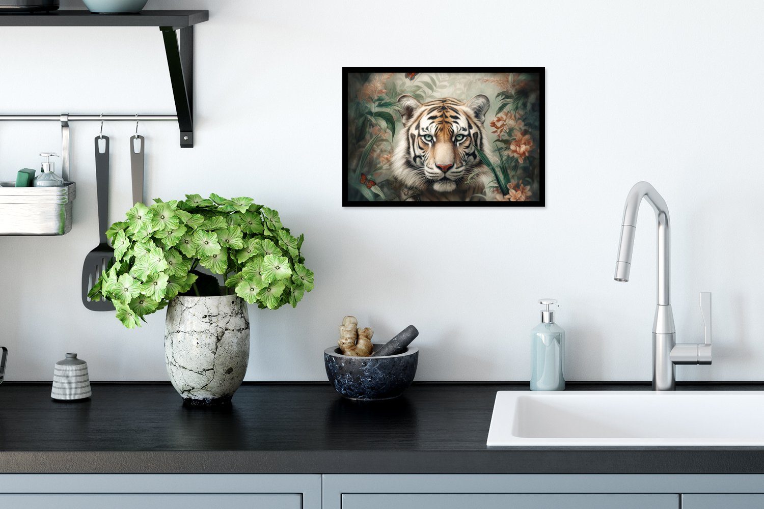 - St), Poster, - Wandposter, - Schmetterlinge Tiger Bilder, - Poster Dschungel Wanddeko, Tiere (1 Gerahmtes Blumen, Schwarzem Bilderrahmen MuchoWow