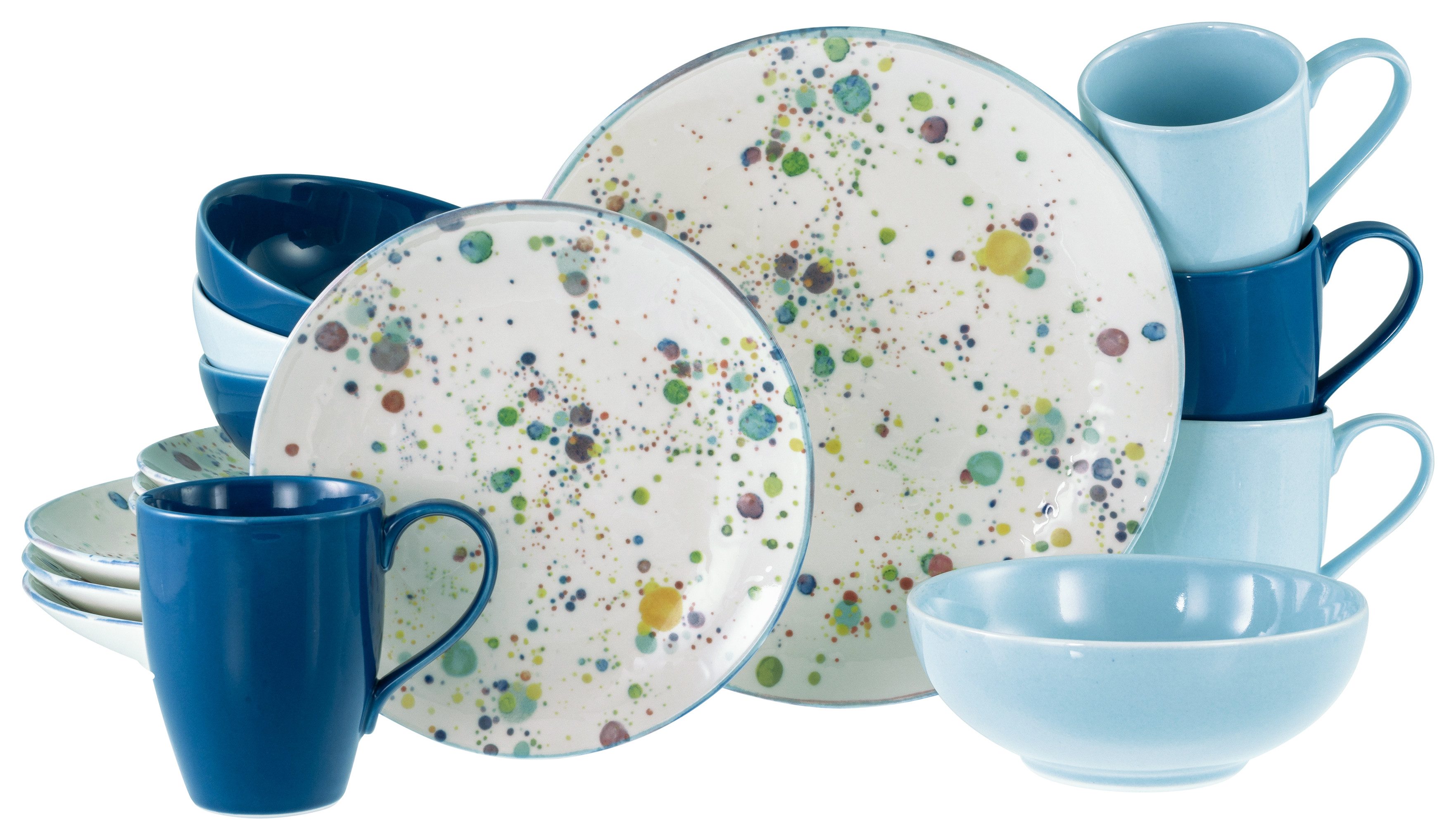CreaTable Kombiservice Candy Drops, Kombi-Service 16-tlg. (16-tlg), 4 Personen, Steinzeug, Unregelmäßige bunte Punkte, Gute Laune Geschirr, Frisch, Freundlich