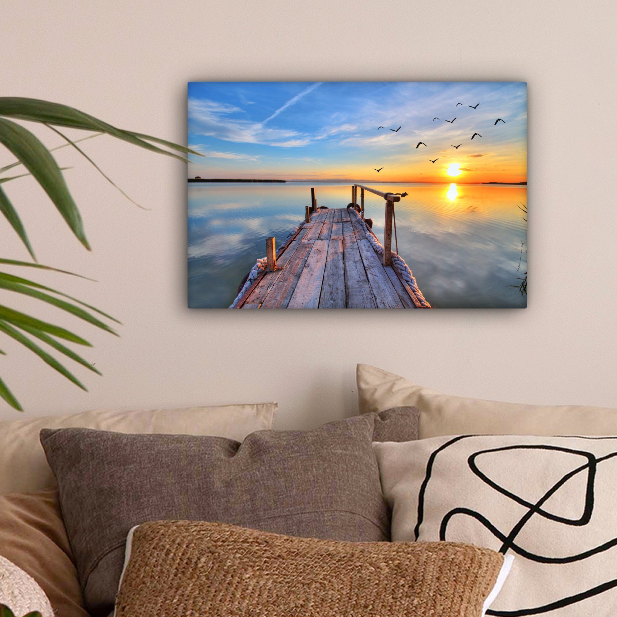OneMillionCanvasses® Leinwandbild Wasser - Steg - Vögel - Sonnenuntergang - günstig online kaufen