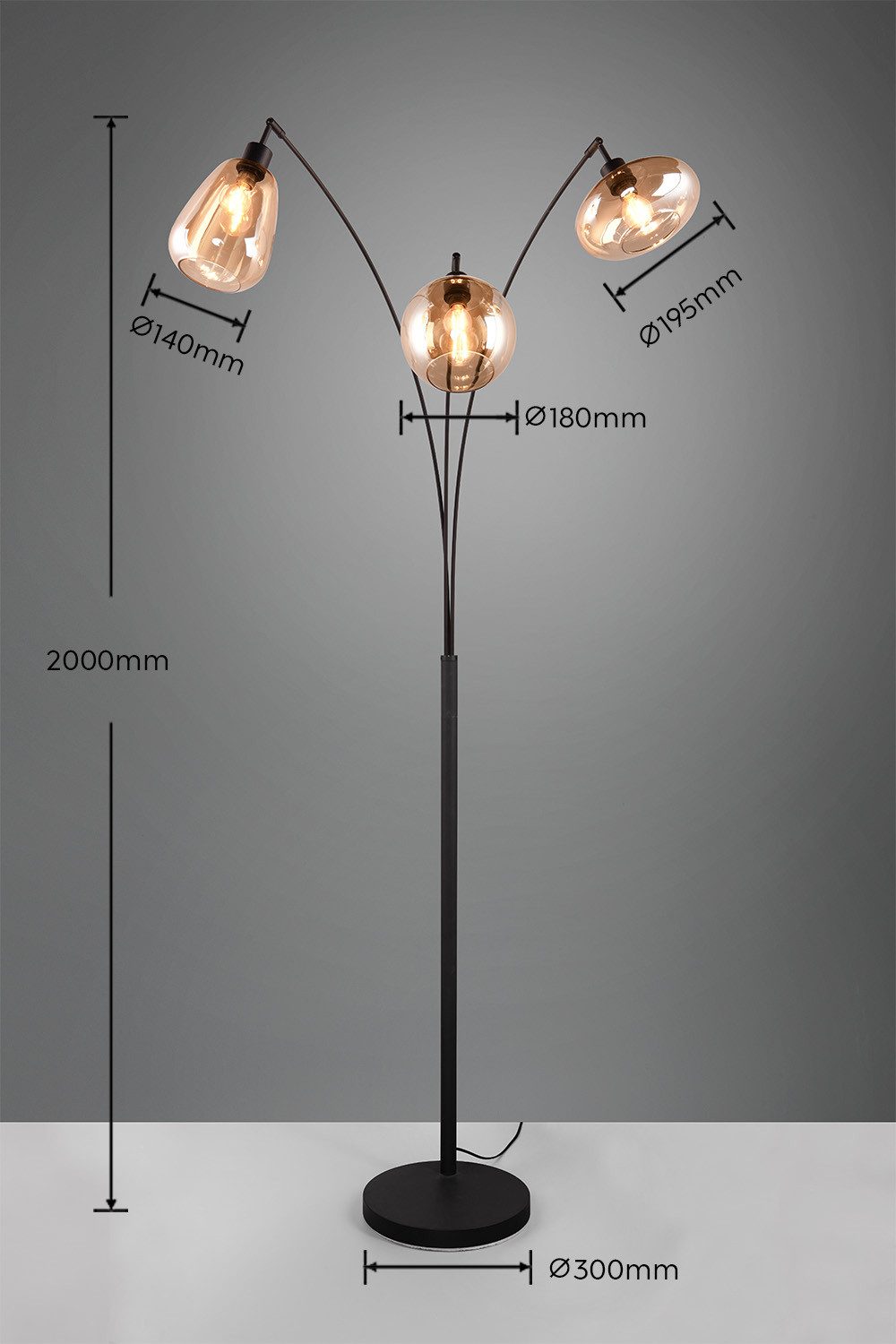 TRIO Leuchten Stehlampe Lumina, gebogene Stehleuchte mit Glasschirmen exkl 3xE14 max 10W, Leuchtmittel wechselbar, warmweiß - kaltweiß, amberfarbige Gläser in 3 Formen, Fußschalter, Bogenleuchte Höhe 200 cm