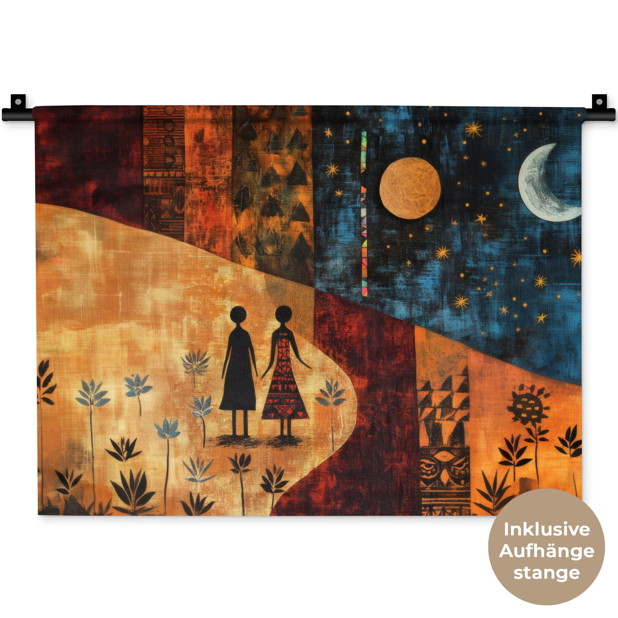 MuchoWow Wandteppich Scherenschnitte - Abstrakt - Sonne - Mond, Rechteckig, Höhe: 3 mm, Wanddeko Teppich Wohnzimmer, Schlafzimmer, 60x45 cm