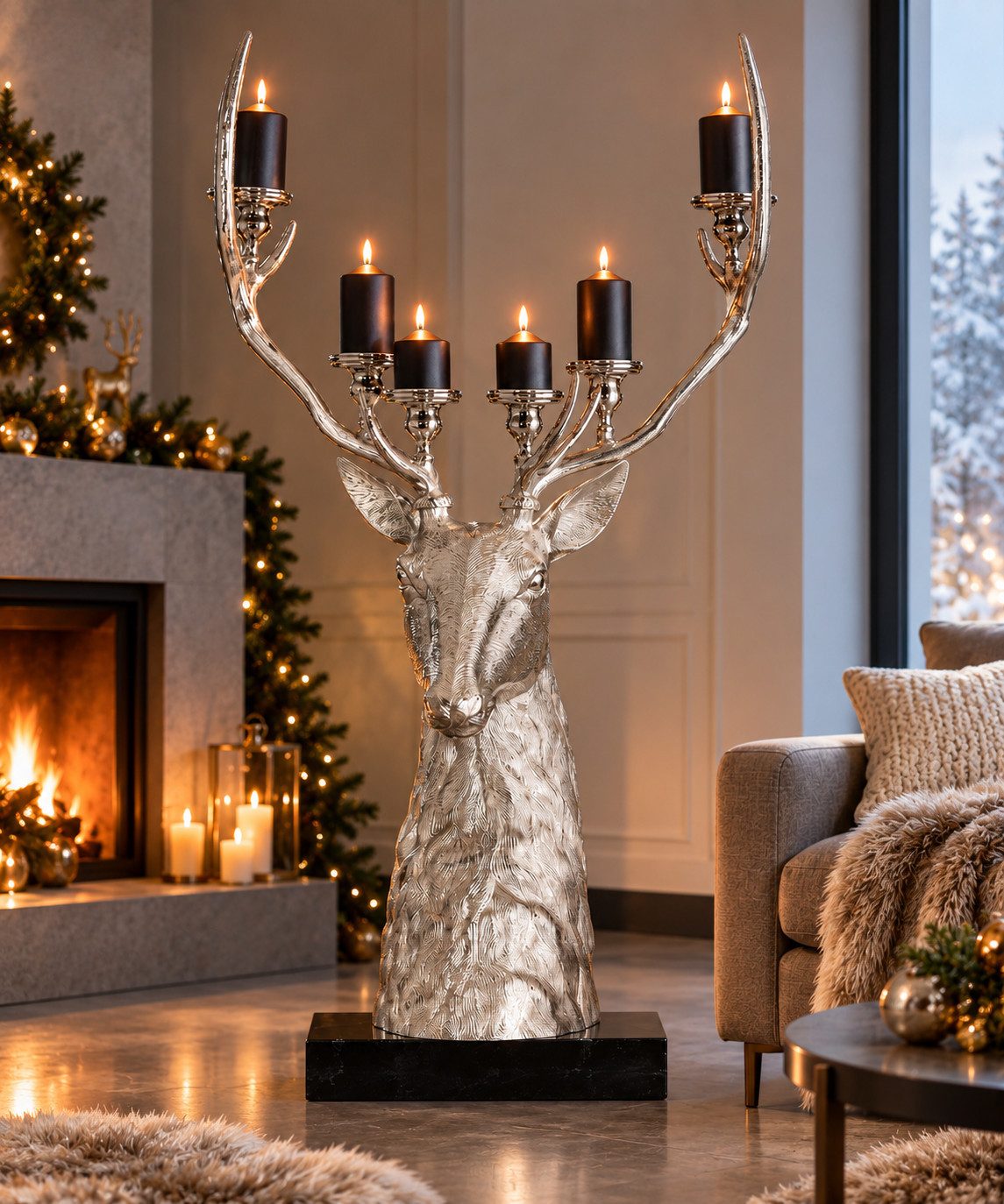 GILDE Dekoobjekt Der Waldkönig - Luxuriöser Aluminium Hirsch Skulptur und Kerzenständer