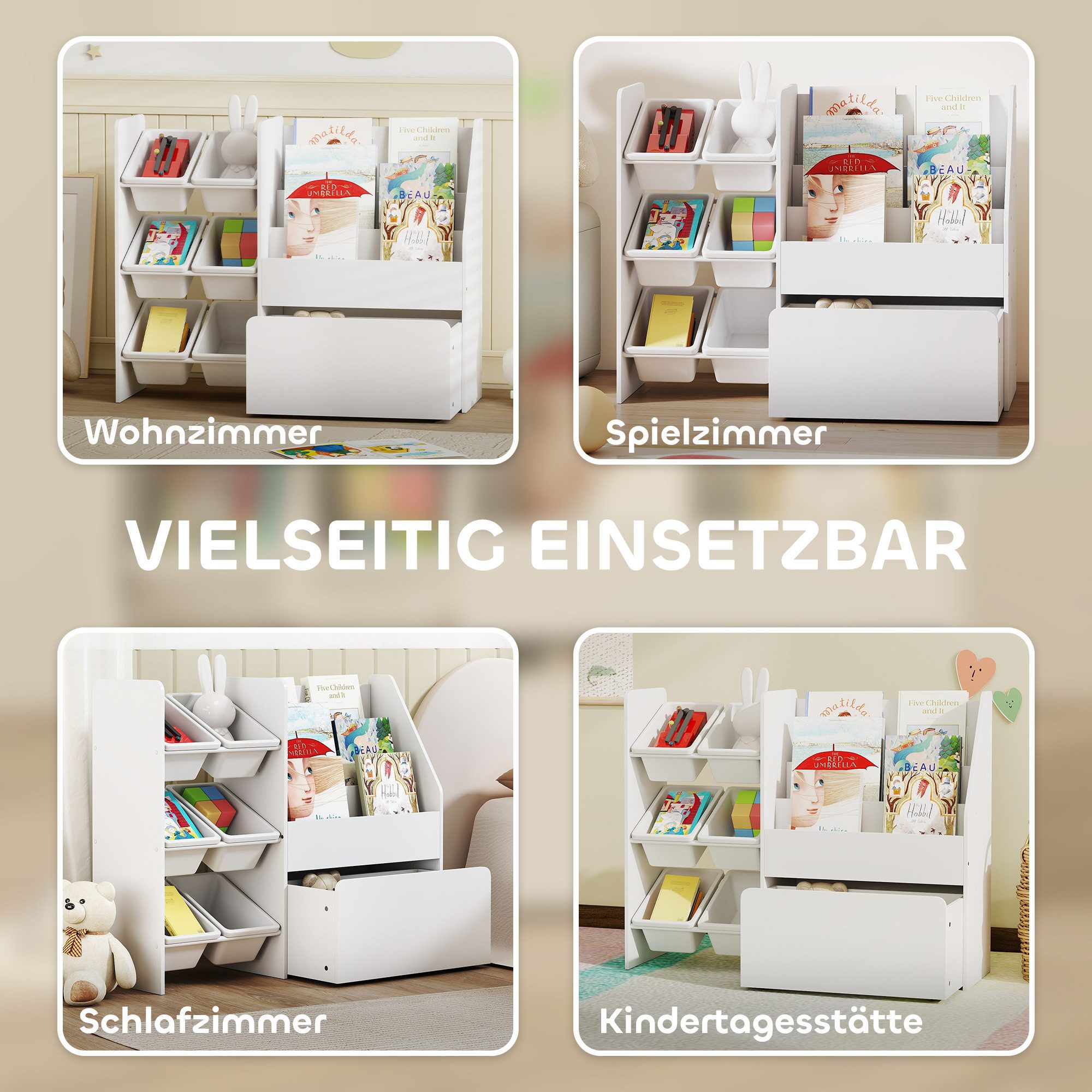 AIYAPLAY Toy Chest with 6 Removable Storage Boxes, Book Shelf, Rolling Box (Children's Shelf, 1 pc., Children's Bookcase), with Wheels, for Children's Room, Playroom, 100x30x80 cm, White