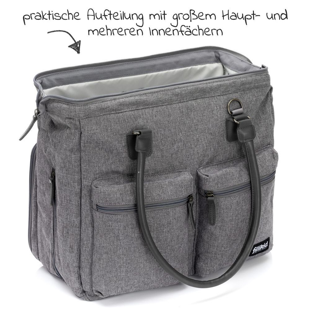 Fillikid Wickeltasche Oxford - Grau Melange Exklusiv, mit Wickelunterlage,  Innen- & Außenfächer | Windeltaschen