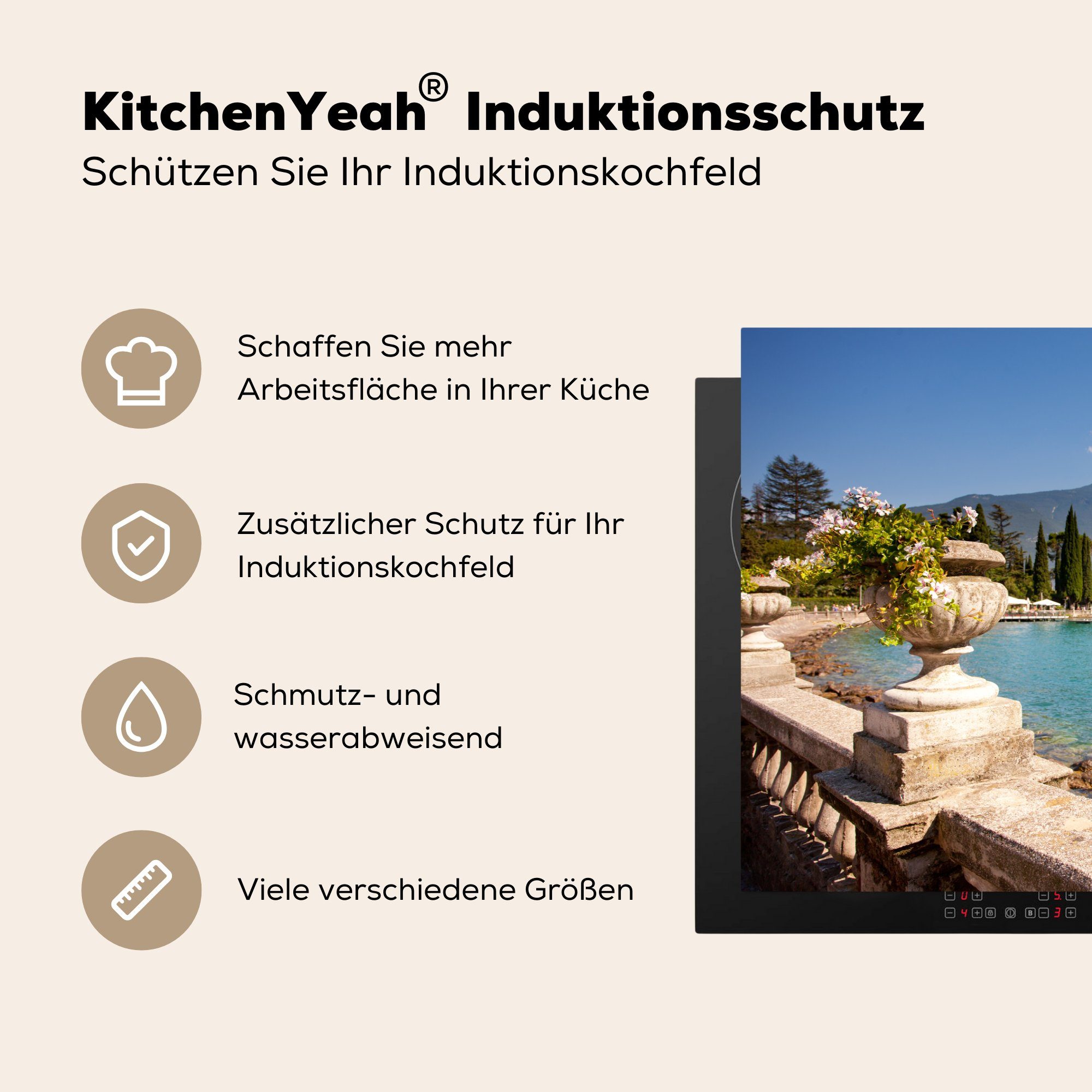 Wasser, Vinyl, Ceranfeldabdeckung Gardasee Küste die (1 81x52 Herdblende-/Abdeckplatte - MuchoWow für küche, Induktionskochfeld cm, Schutz tlg), -