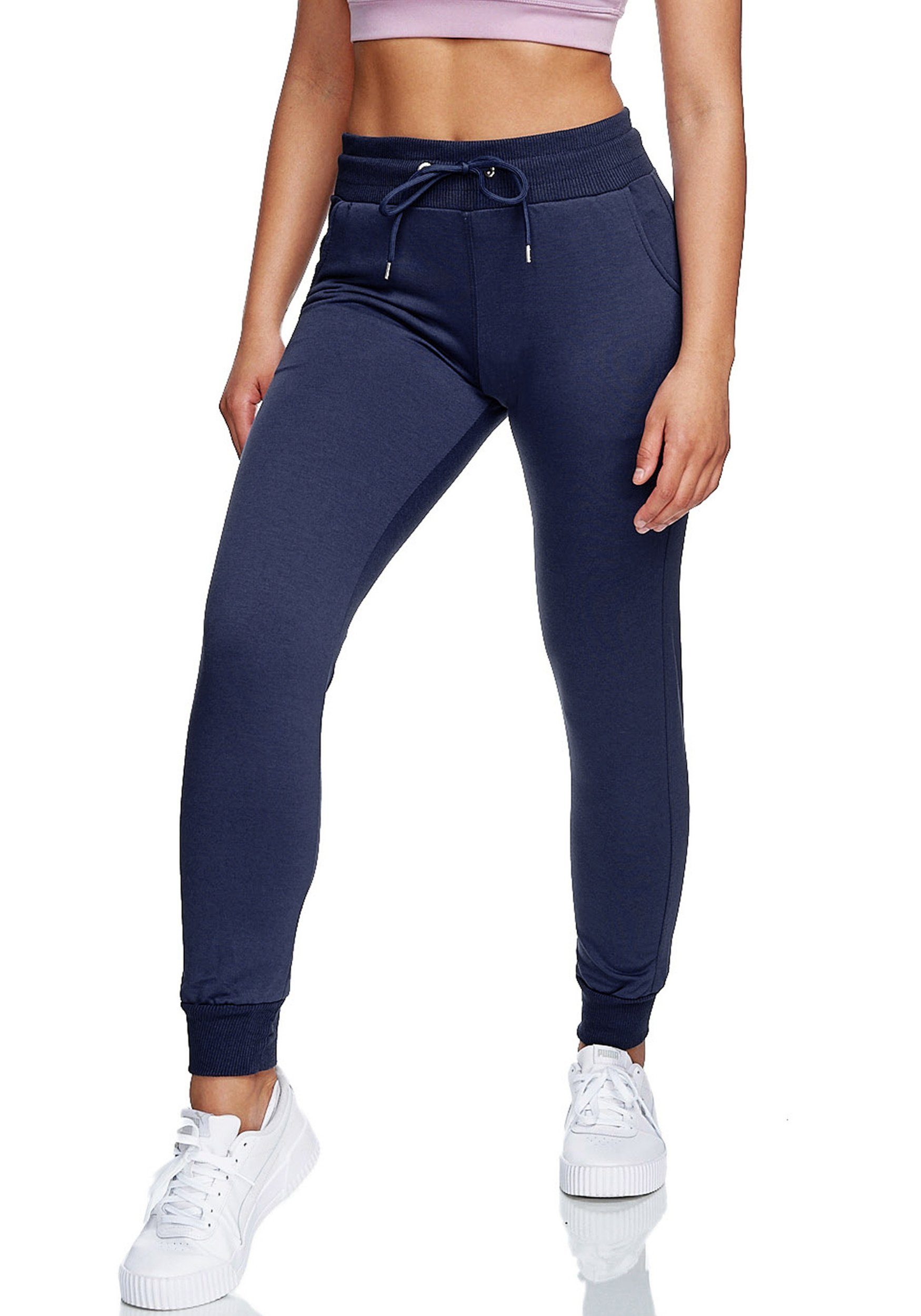 JEEL Sweathose Jogginghose Damen (1-tlg) Slim Fit Navy Lycra, Baumwolle