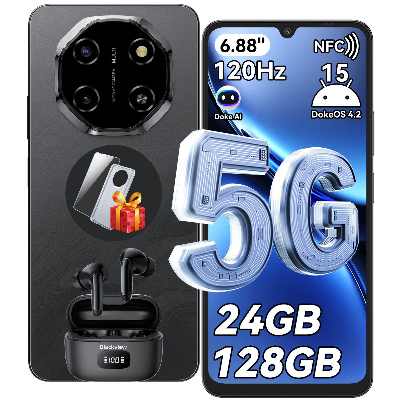 blackview Shark 6 5G,AI incl. Airbuds 8 Handy (128 GB Speicherplatz, 120Hz, Doke AI, 5000mAh,Unisoc T8100, Android 15)