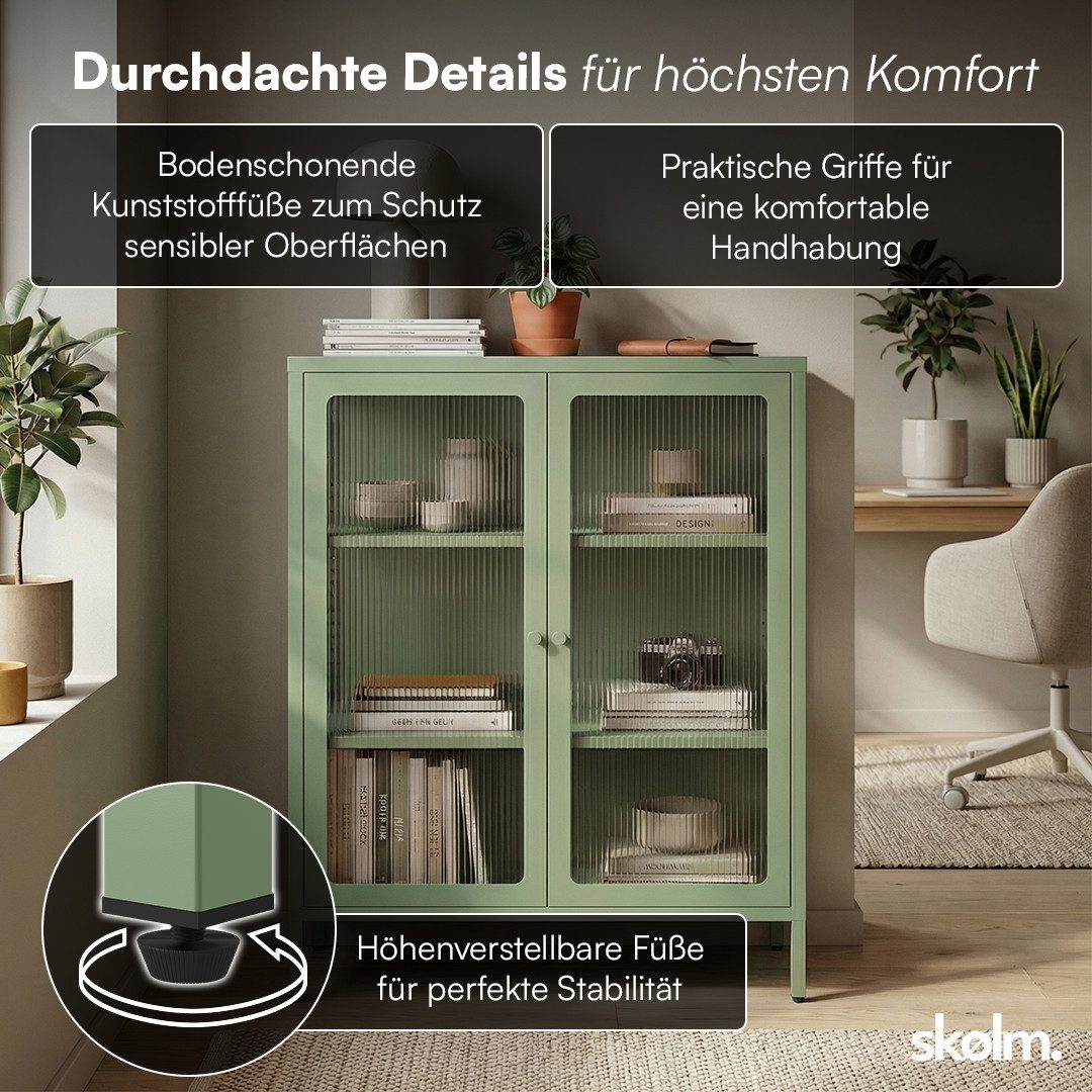 skølm Highboard Norns Vitrinenschrank mit Glastüren (mintgrün, bis 80 kg belastbar, kratzfest), Metallkommode mit verstellbaren Fächern, Sideboard 100x38x80 cm – Bild 5 von 5