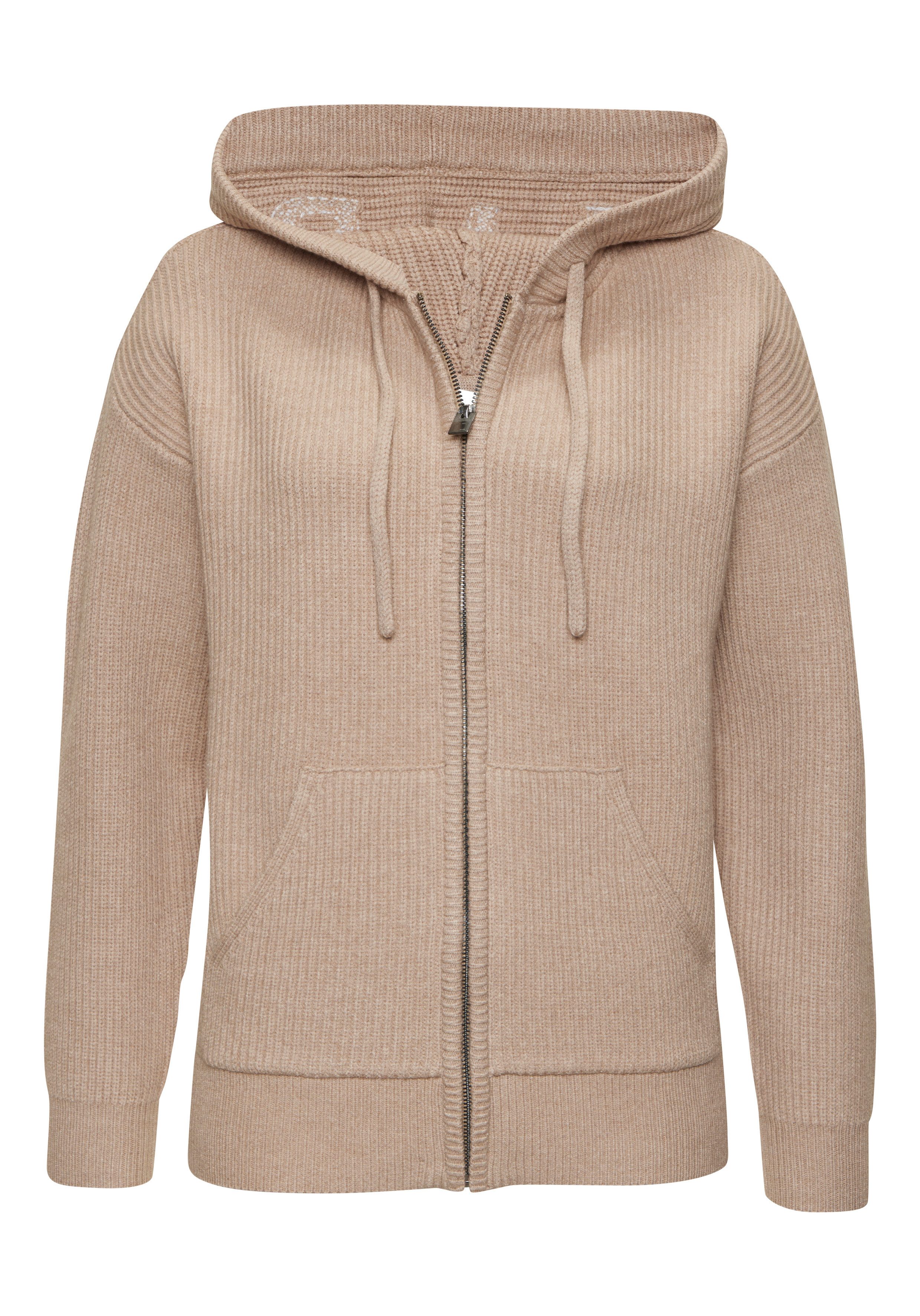 Elbsand Kapuzenstrickjacke aus hochwertigem Viskosemix mit Frottee-Applikation Kuschelige Strickjacke mit Kapuze, Strickcardigan mit Reißverschluss – Bild 2 von 5
