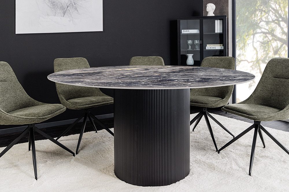 riess-ambiente Esstisch UNIQUE Ø120cm schwarz Keramik – rund, moderner Säulenfuß (Einzelartikel, 1-St), pflegeleichte Tischplatte, Naturstein-Optik, Esstisch für 4 Personen
