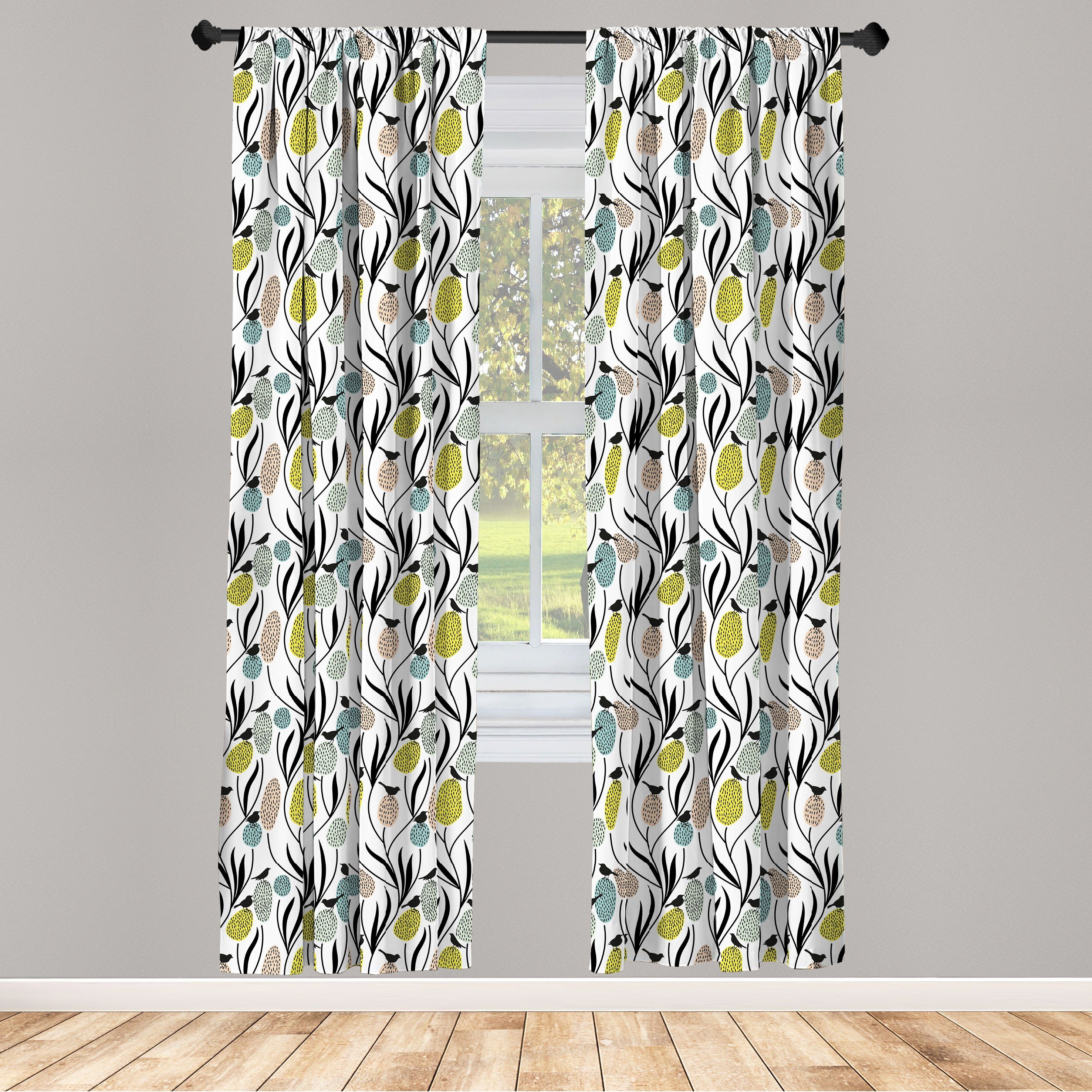 Gardine Vorhang für Wohnzimmer Schlafzimmer Dekor, Abakuhaus, Microfaser, Frühling Vögel und Pflanzen Abstrakt