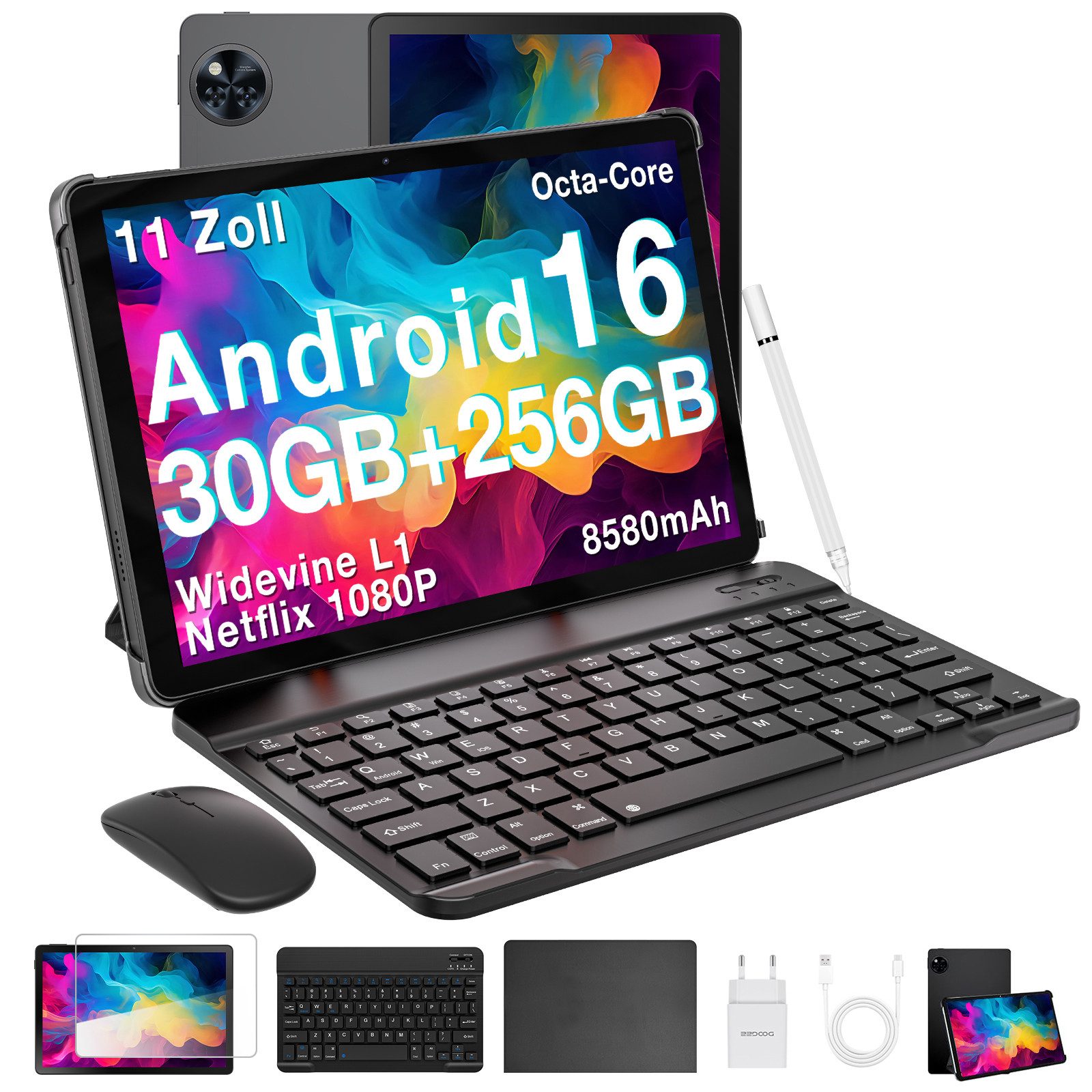 DOOGEE U11 Pro Android 16 Tablet mit Tastatur, Stift, Maus, Hülle, 11 Zoll Tablet (11", 256 GB, Android 16, WIFI, 8580mAh, 90Hz, 13MP+5MP, 5G WiFi/Widevine L1/ GPS/Face ID/OTG)