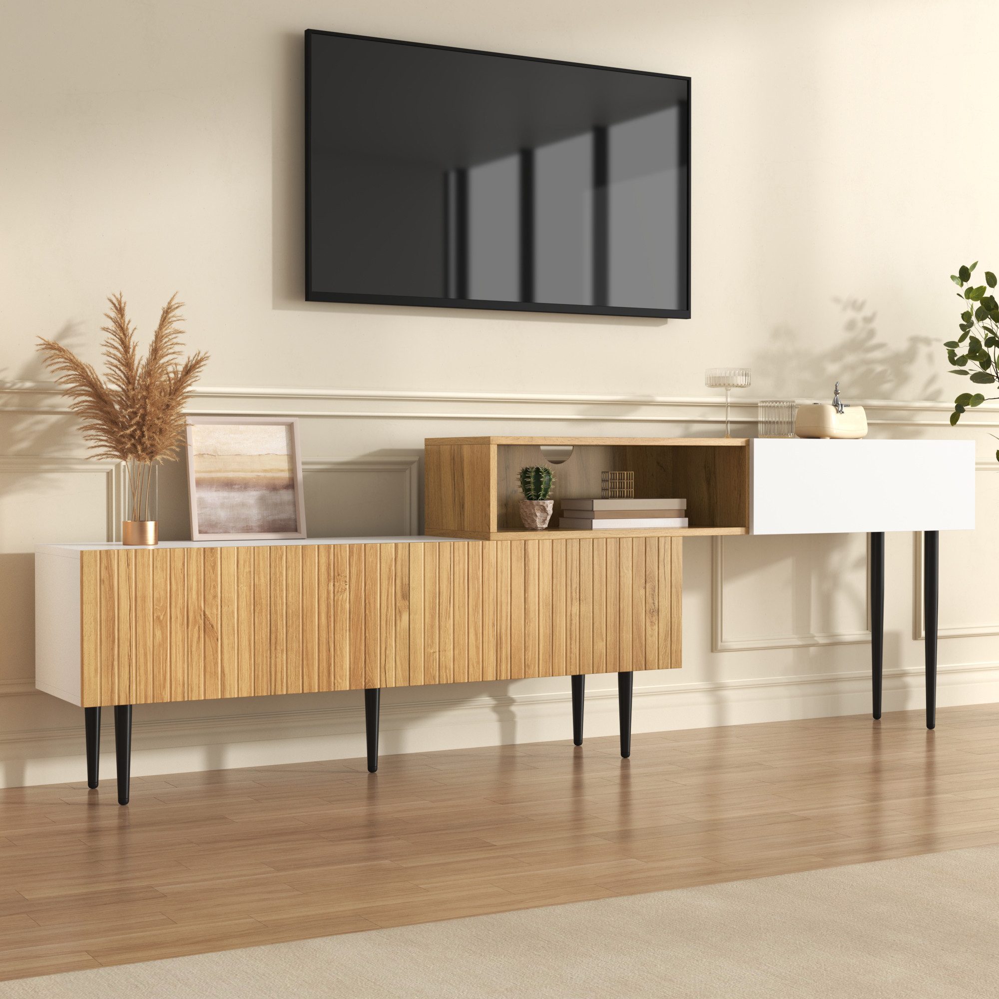 Merax Lowboard mit schwarzen Metallbeinen, in Holzoptik & Weiß (1 St., 120+120x30x63,5cm), TV-Schrank mit 2 Klapptüren, verdeckten Staufächern & offenen Regalen