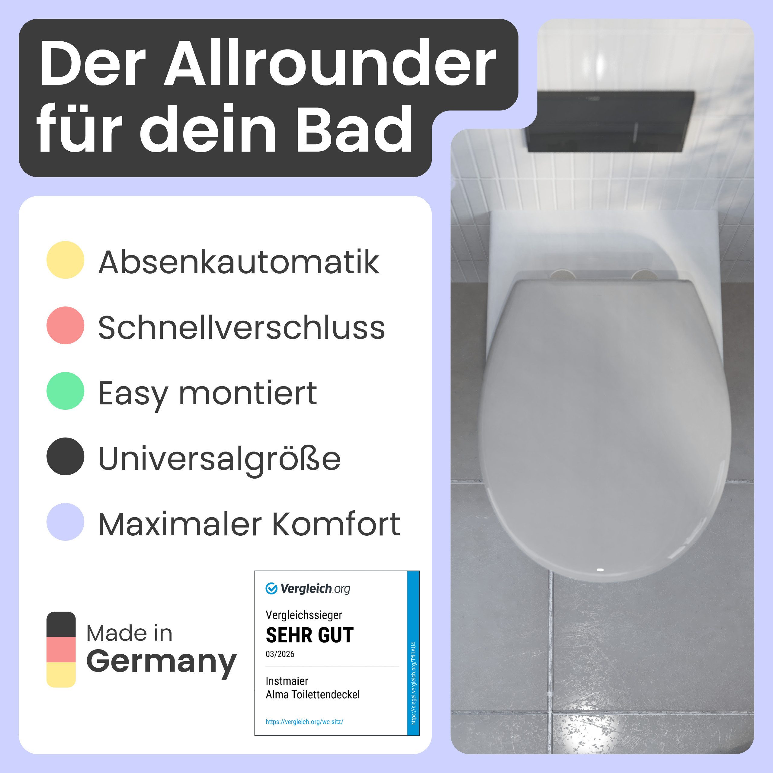 instmaier WC-Sitz Alma, Made in Germany, bakterienabweisendes Duroplast, bis 250kg, Manhattan-Grau, mit Absenkautomatik, zur Reinigung abnehmbar