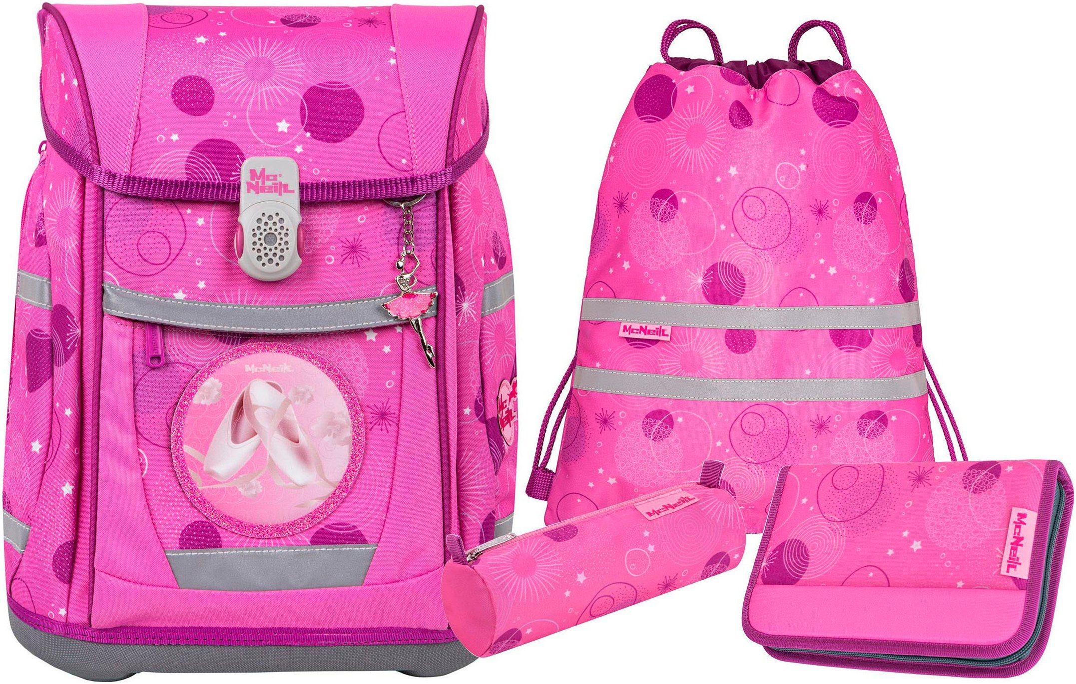 McNeill Schulranzen Tenero, Pinky (Set, 5-tlg), inkl. Federmäppchen, Turnbeutel, Schlamperrolle & Motivmagnet
