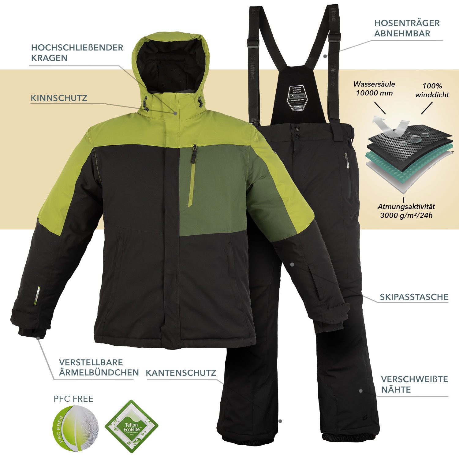 Killtec Skianzug Wintersport Herren Skijacke + Skihose, wasserdicht verschweißte Nähte - atmungsaktiver Stoff