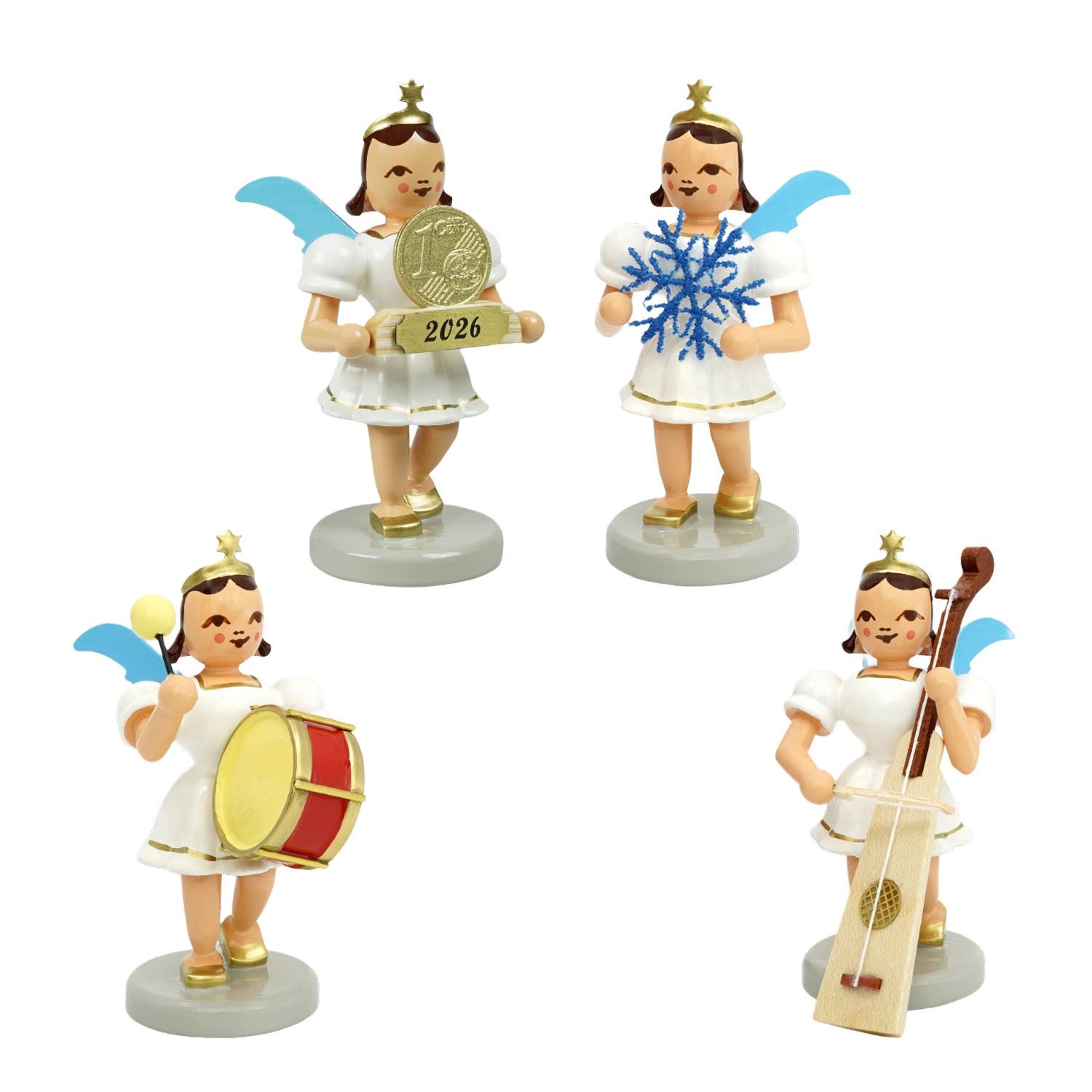 Blank Kunstgewerbe Engelfigur SET Engel Kurzrock farbig alle Neuheiten 2026, 4-teilig (Spar-Set, 4 St., Trumscheit & Glückscent & Schneeflocke & Pauke), Original Erzgebirge