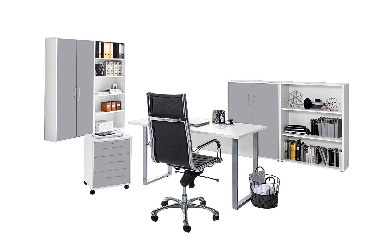 moebel-dich-auf Büromöbel-Set TABOR Set 1, (abschließbar, 6-tlg., Schreibtisch mit Rollcontainer + 2 Aktenschränke + 2 Aktenregale), mit Edelstahlgriffen & lackierten Fronten, MADE IN GERMANY