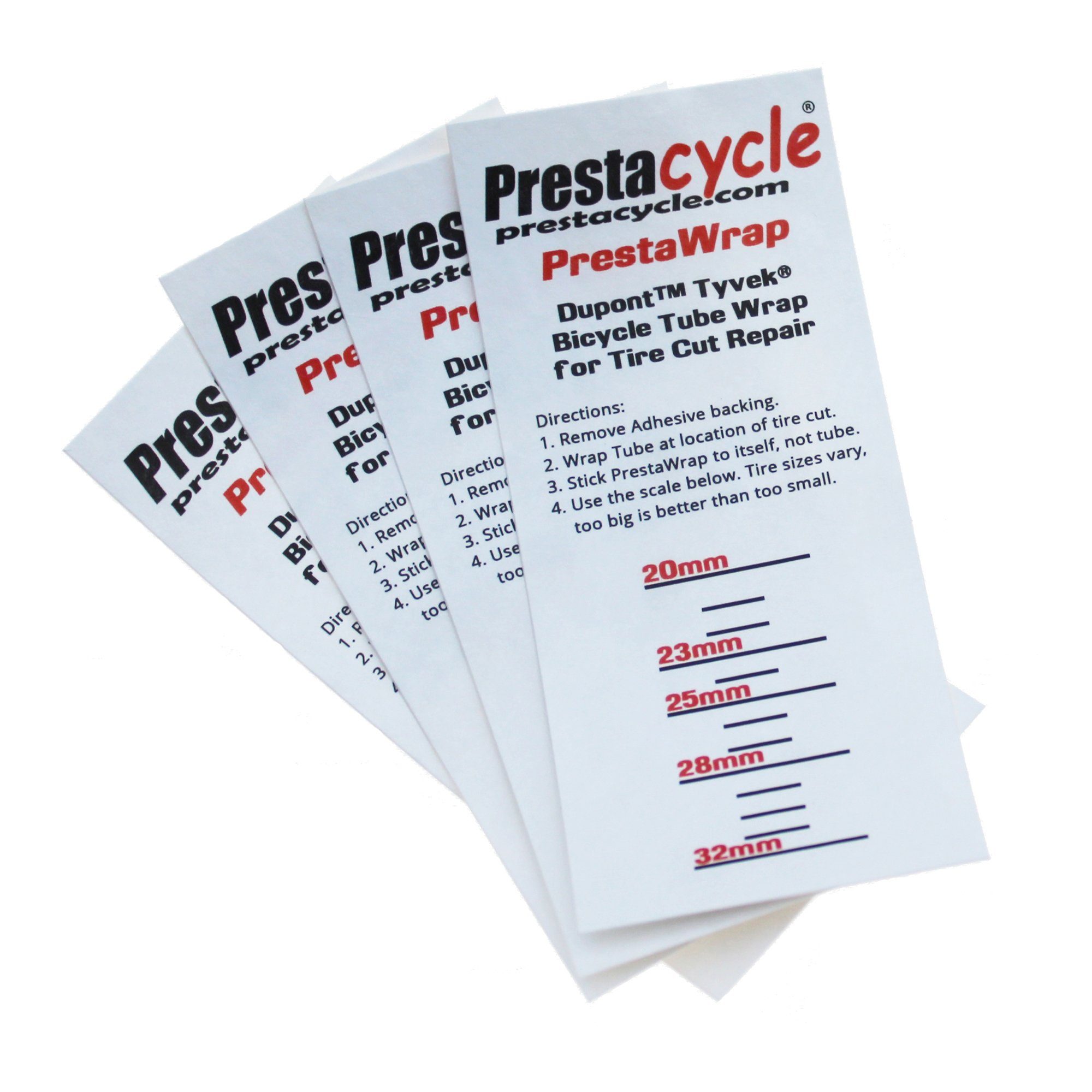 Prestacycle Fahrradwerkzeugset Prestacycle PrestaWrap Tube Wrap - Manschette für die Reparatur von gerissenen Reifen, (4-St), verhindert durch leichtes Gewicht und Klebstoff-Zylinder eine Unwucht oder Unebenheit am Reifen