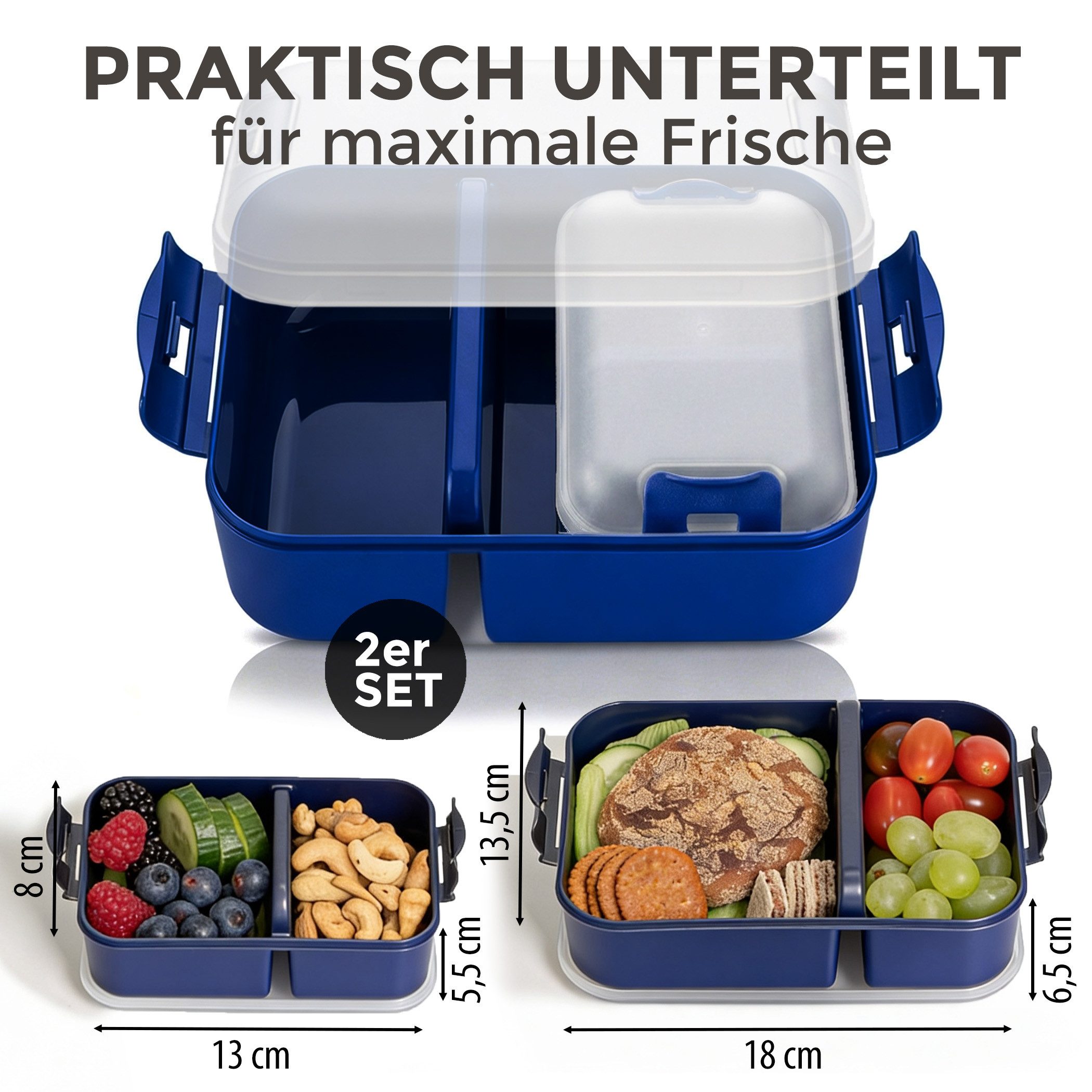 Hausfelder Lunchbox Brotdose 2er Set mit Unterteilung, 1x groß, 1 x klein, Marineblau, Kunststoff, (2er Set, 2-tlg), spülmaschinengeeignet, langlebig, bruchfest – Bild 2 von 5